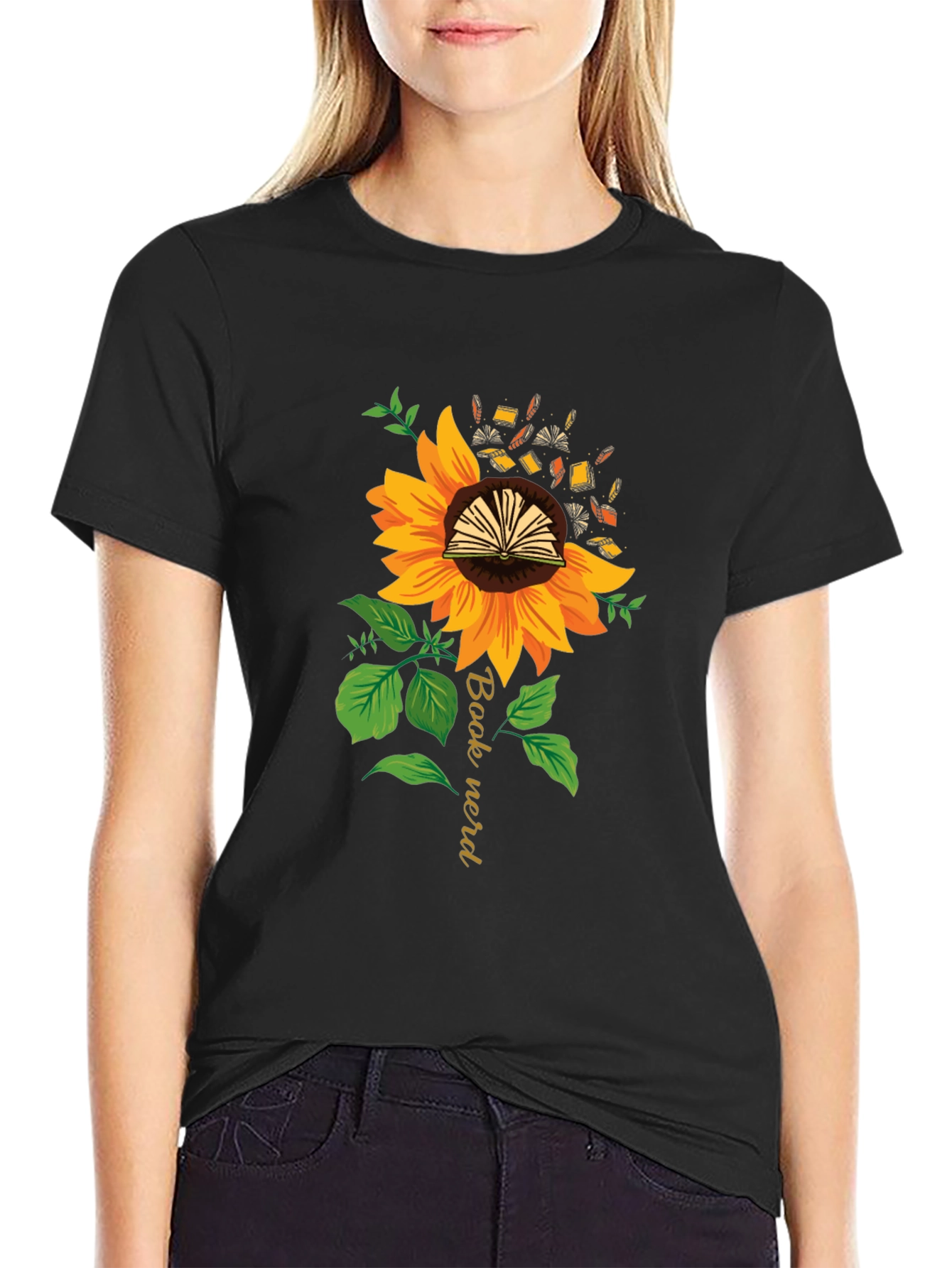Book Nerd Sunflower Graphic Tee - Black