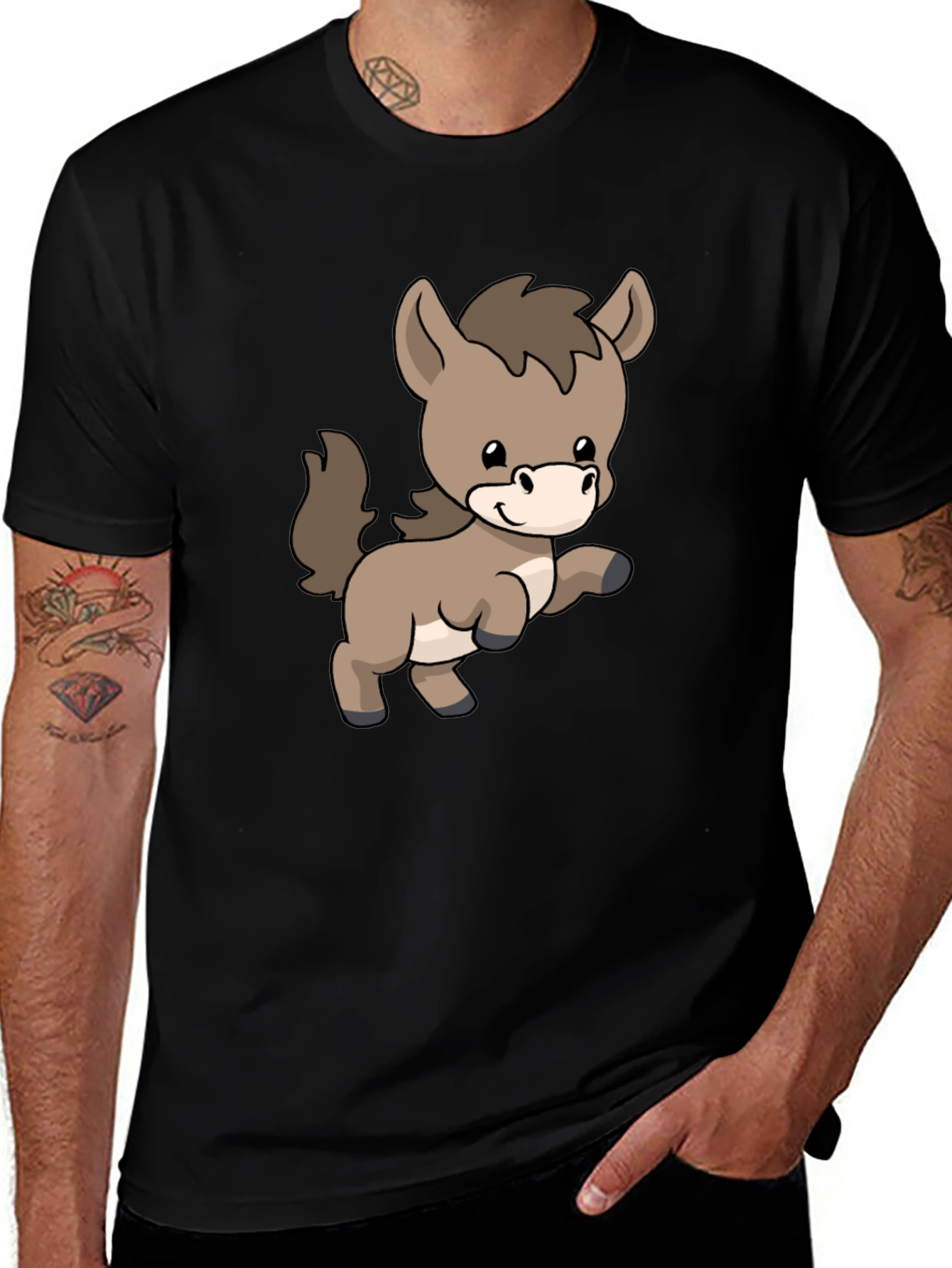 Cute Donkey Cartoon Black T-Shirt
