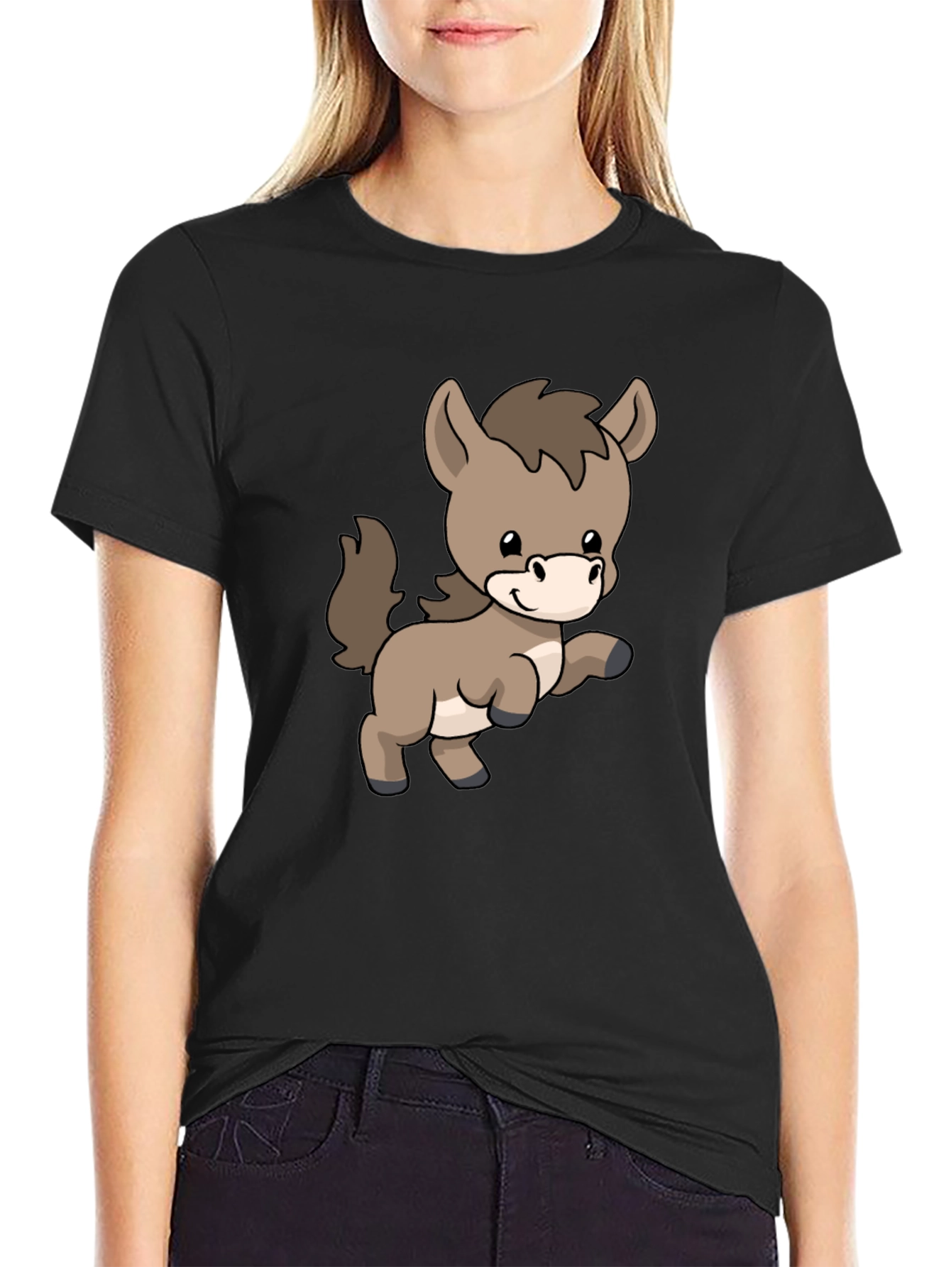 Cute Donkey Cartoon Black T-Shirt