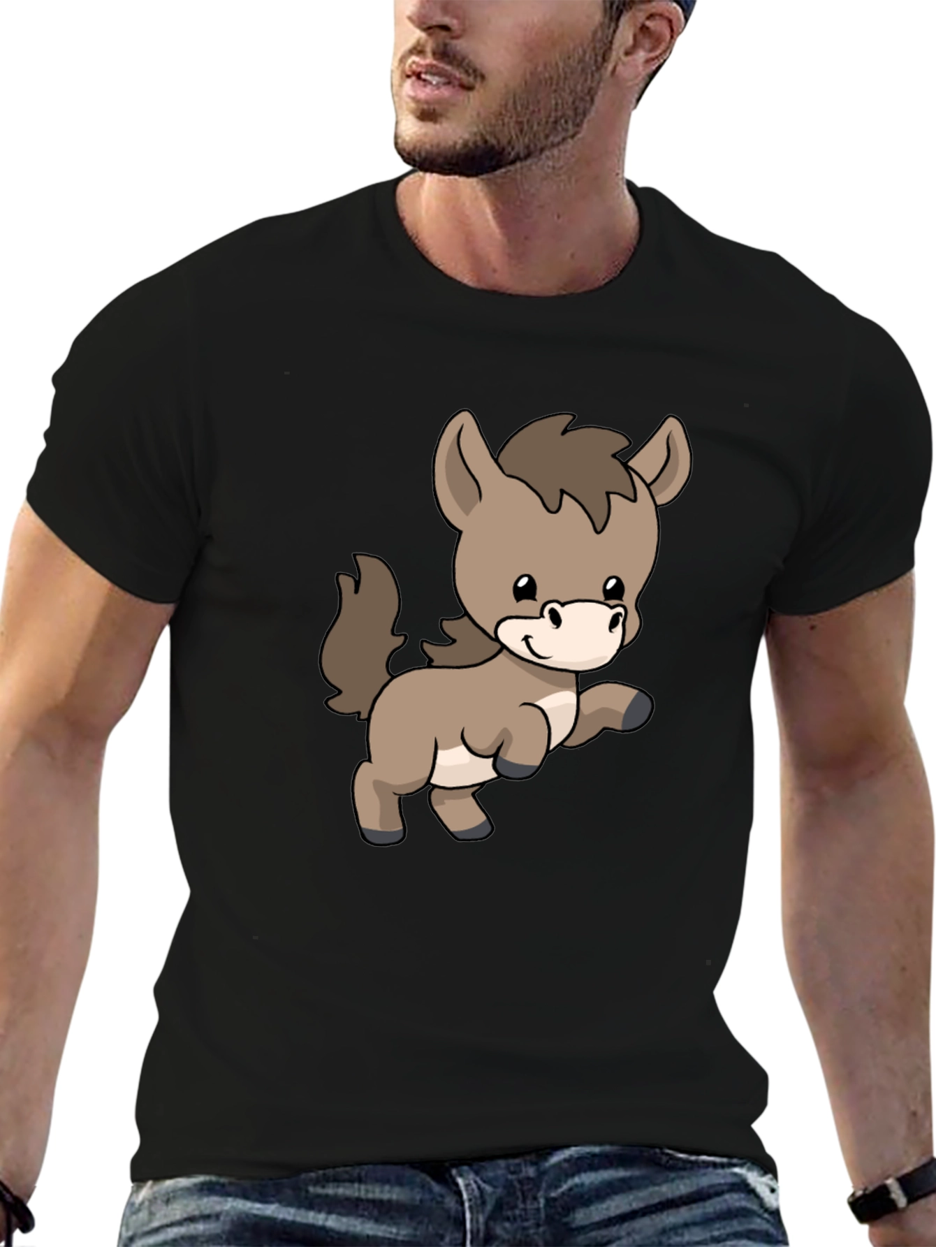 Cute Donkey Cartoon Black T-Shirt