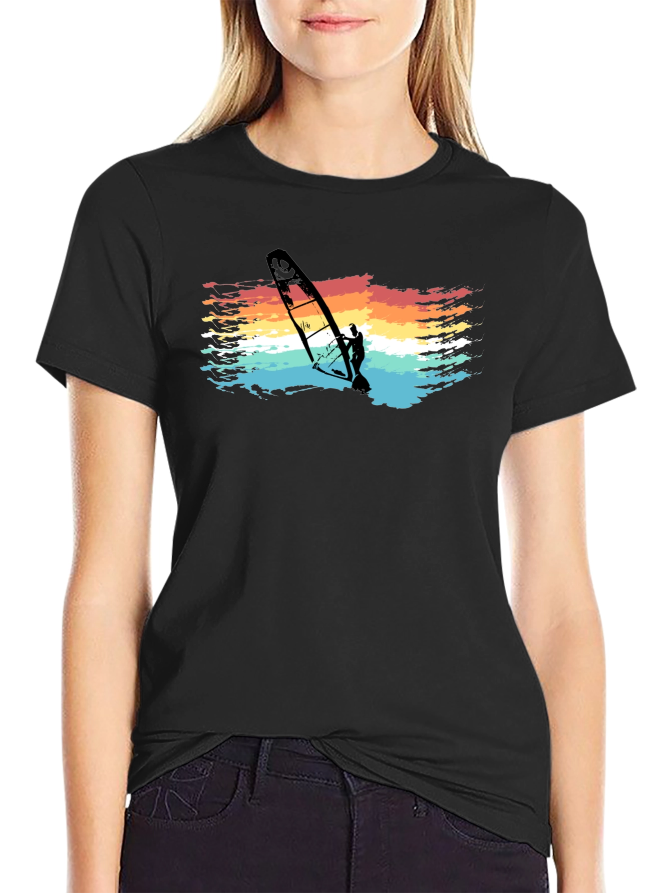 Retro Windsurfer Graphic Tee - Black Cotton T-Shirt