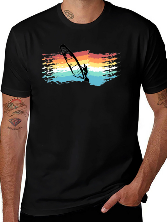 Retro Windsurfer Graphic Tee - Black Cotton T-Shirt