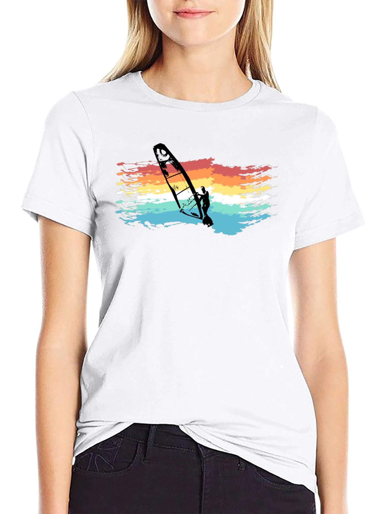 Retro Windsurfer Graphic Tee - Black Cotton T-Shirt