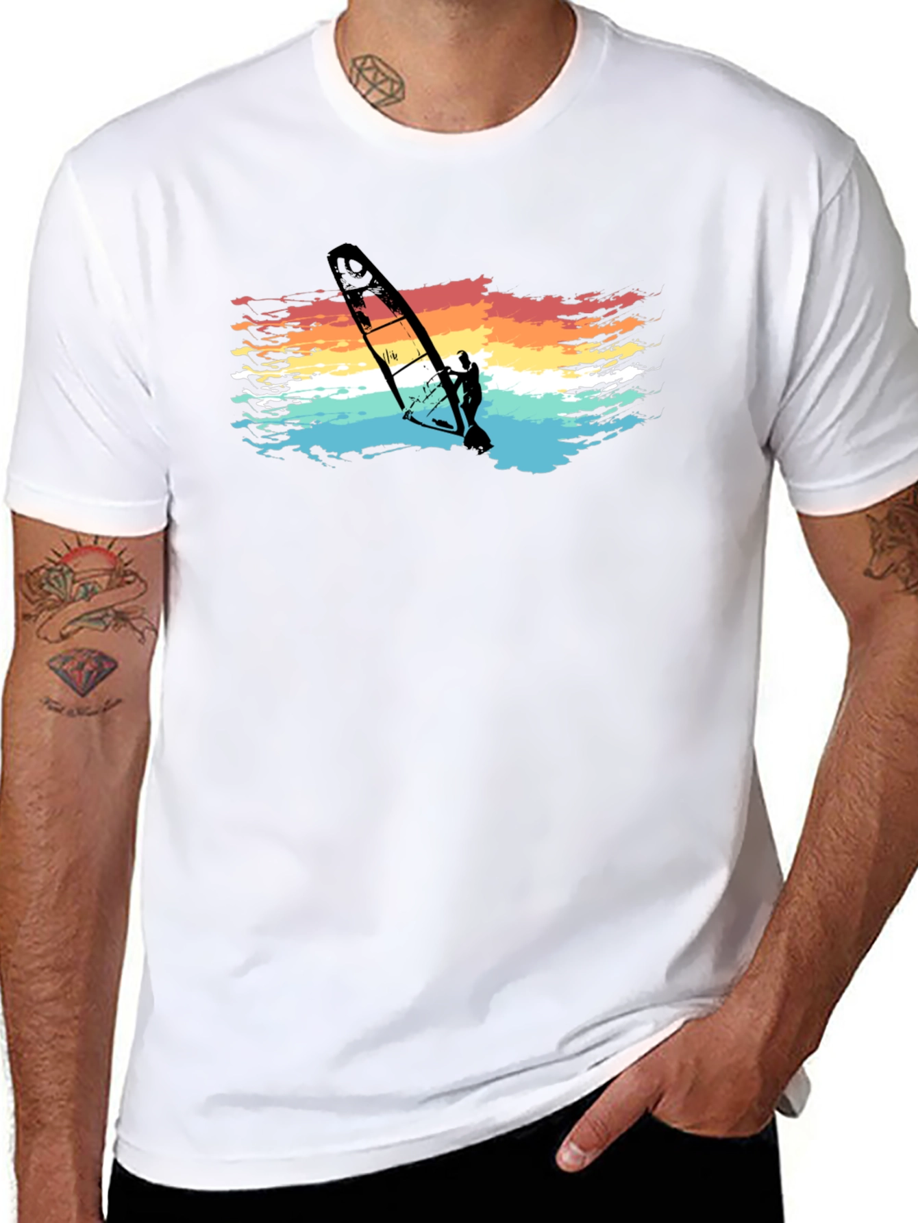 Retro Windsurfer Graphic Tee - Black Cotton T-Shirt