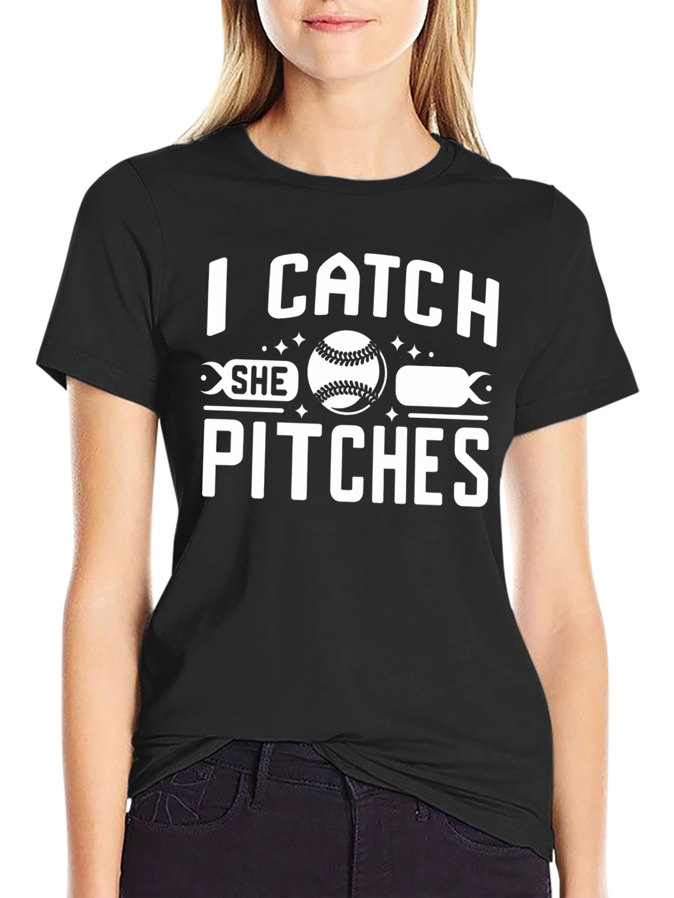 I Catch She Pitches Baseball Graphic T-Shirt