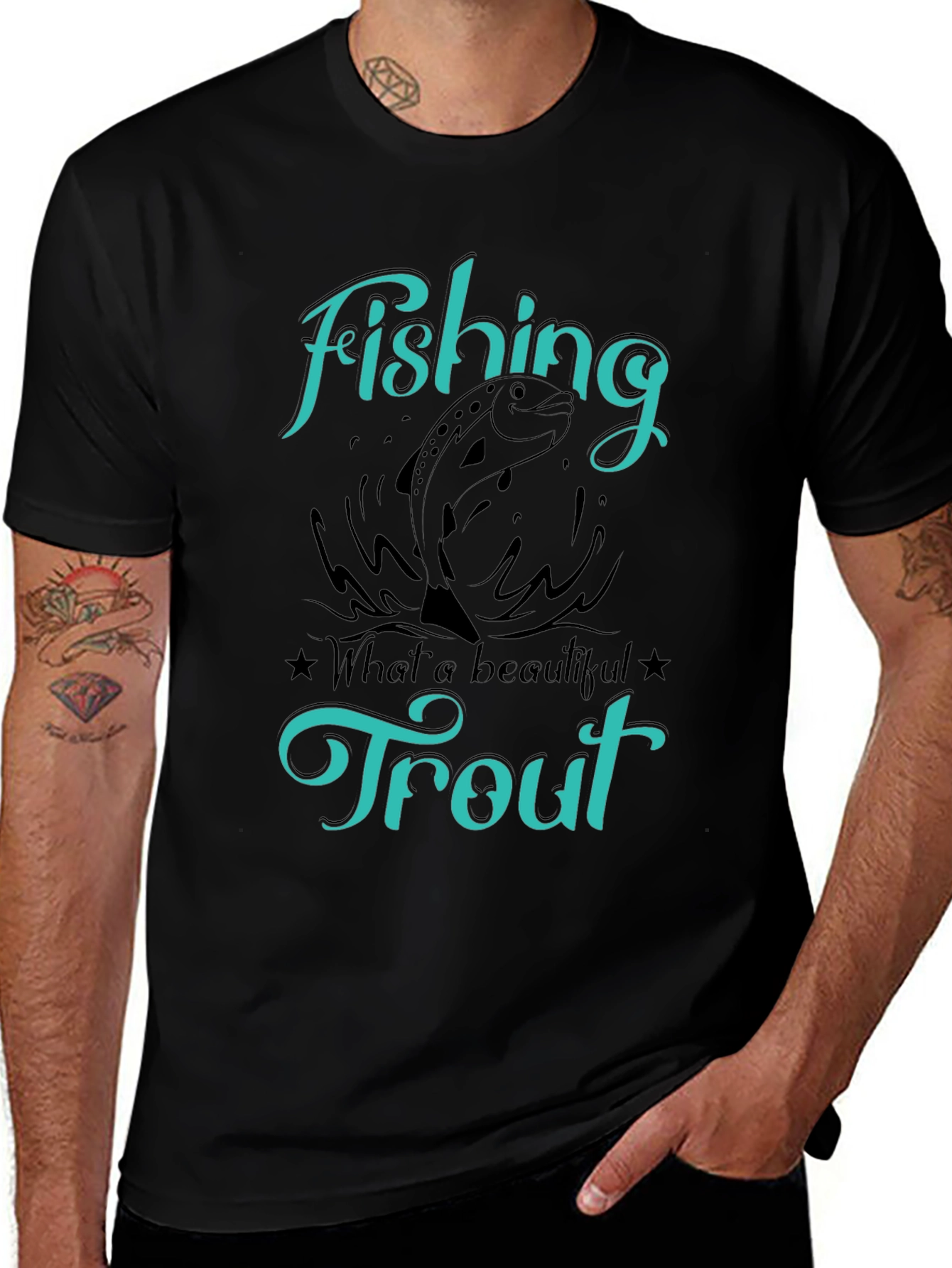 Fishing Trout T-Shirt Graphic Tee Mens Black Shirt