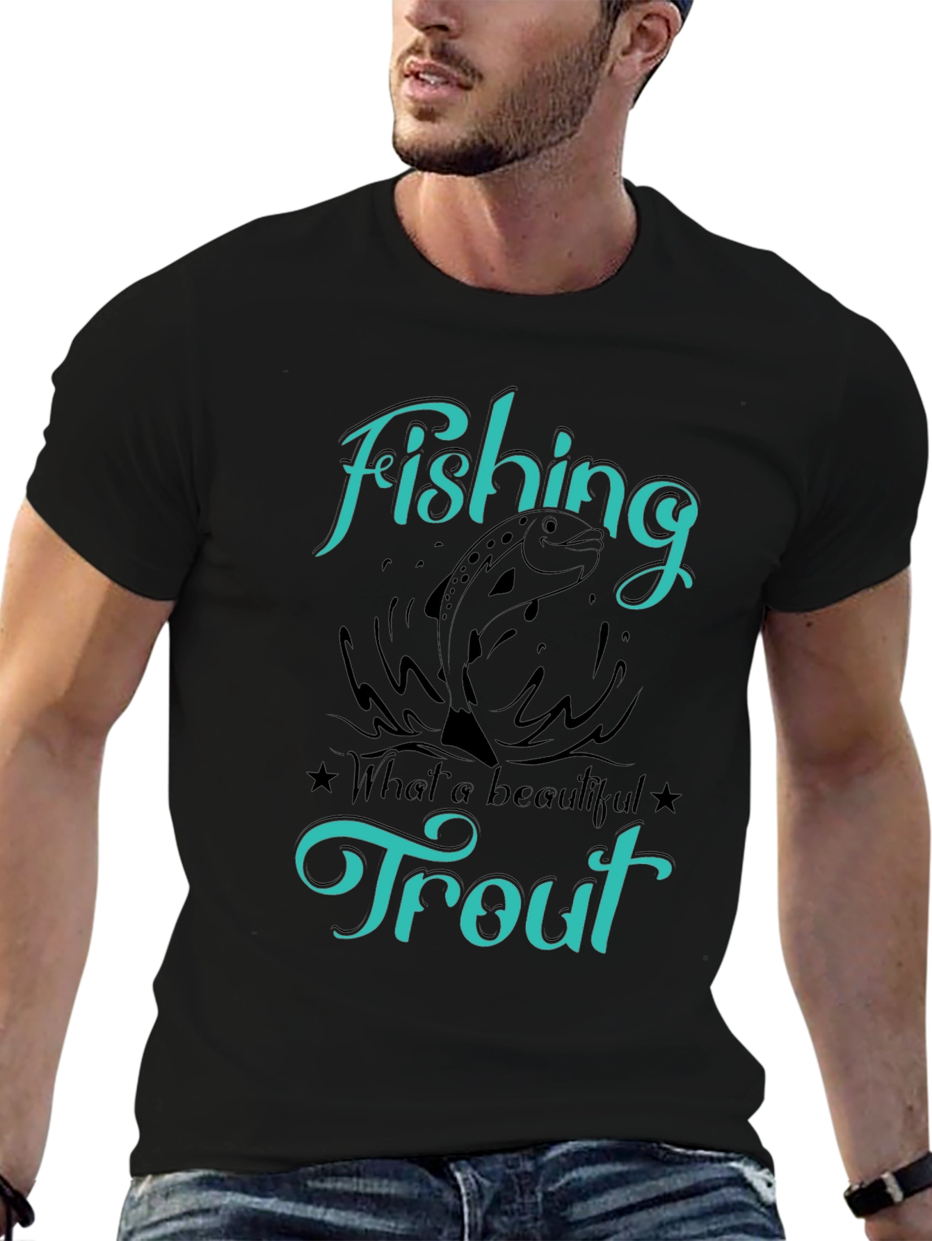Fishing Trout T-Shirt Graphic Tee Mens Black Shirt