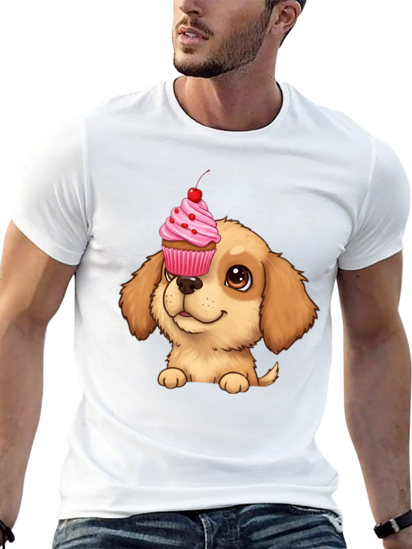 Cute Dog with Cupcake T-Shirt - Novelty Graphic Tee