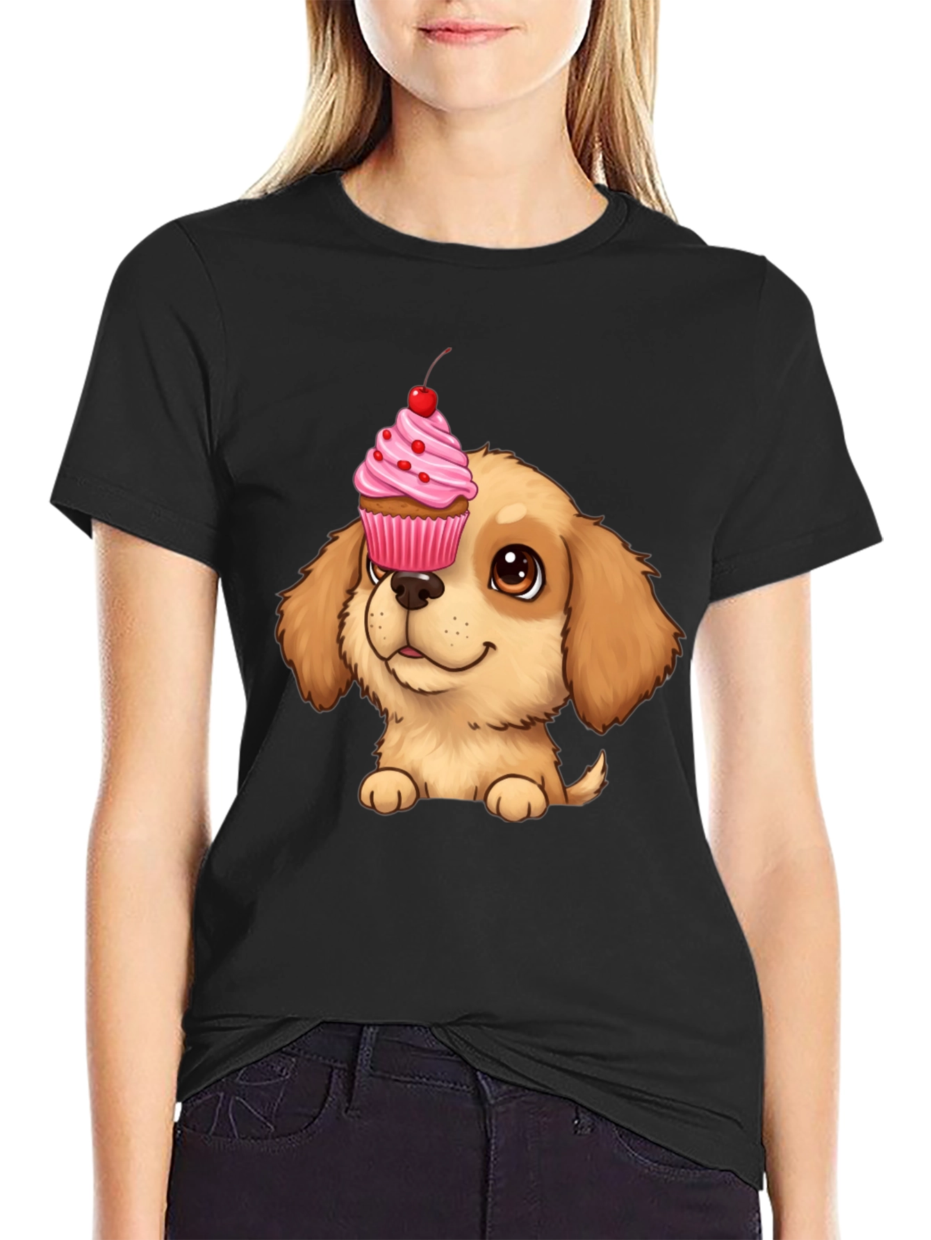 Cute Dog with Cupcake T-Shirt - Novelty Graphic Tee