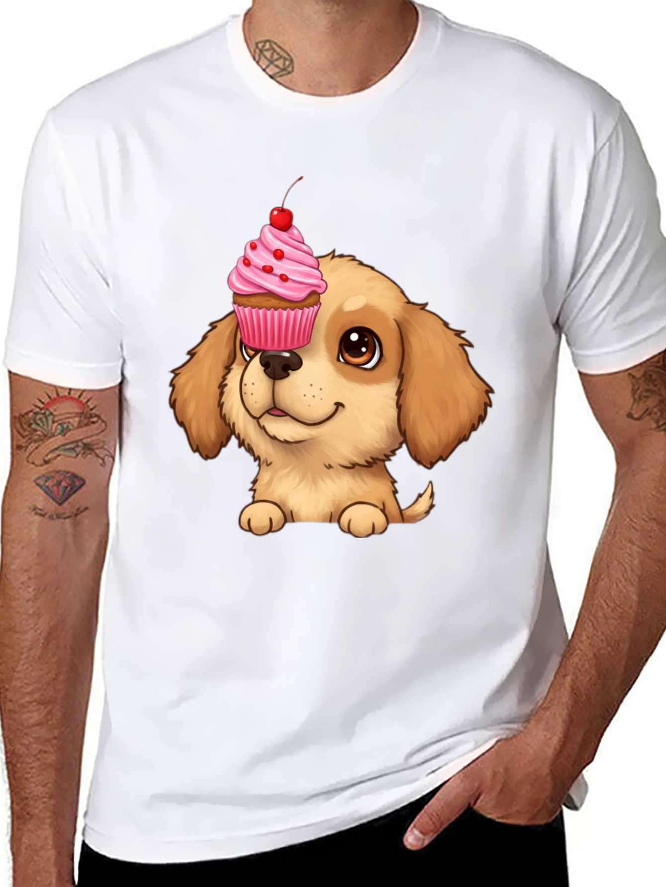 Cute Dog with Cupcake T-Shirt - Novelty Graphic Tee