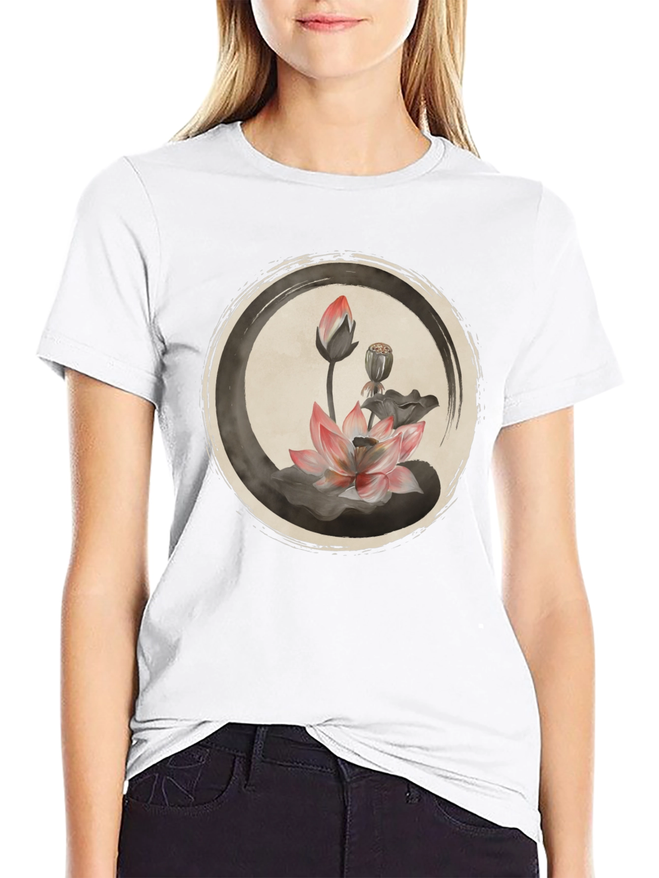 Lotus Flower Graphic Tee - Casual Black T-Shirt