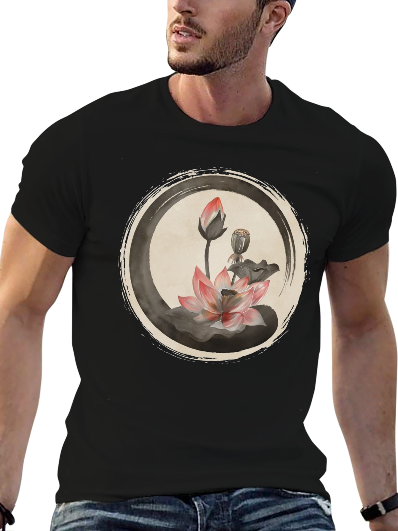 Lotus Flower Graphic Tee - Casual Black T-Shirt