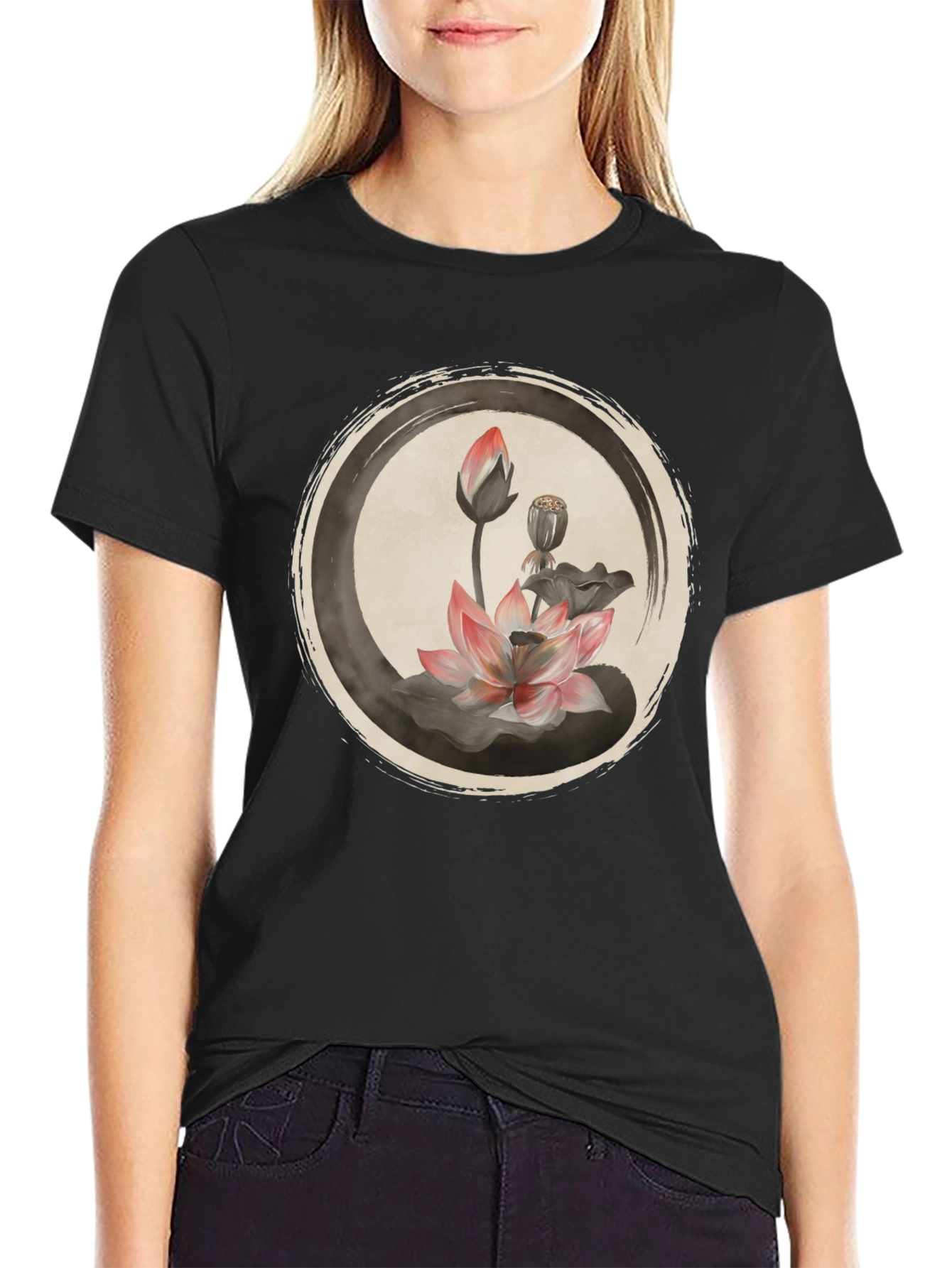 Lotus Flower Graphic Tee - Casual Black T-Shirt