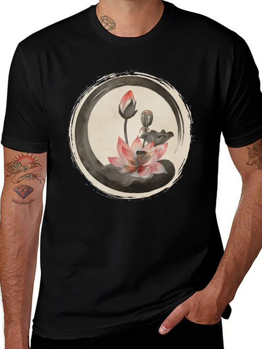 Lotus Flower Graphic Tee - Casual Black T-Shirt