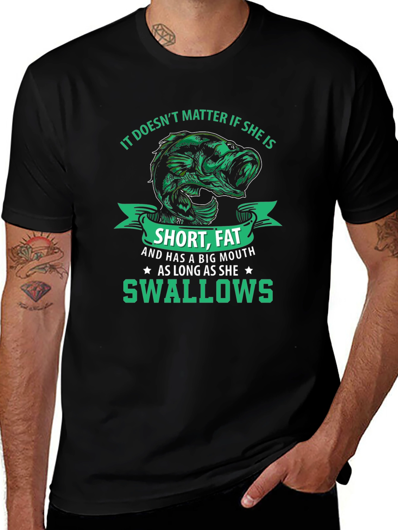 Funny Fishing T-Shirt: Short Fat Big Mouth Swallows