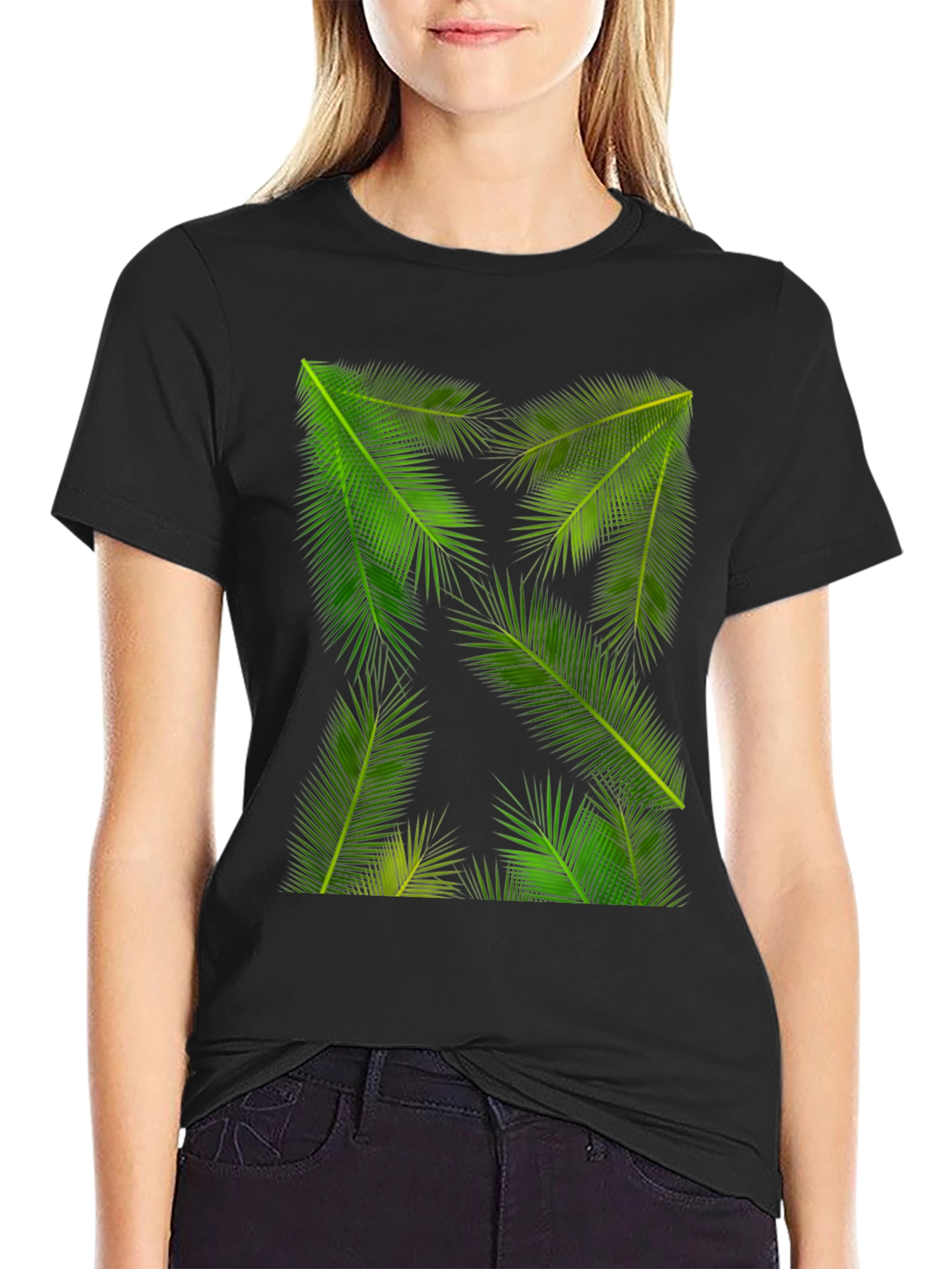 Tropical Palm Leaf Print Black T-Shirt