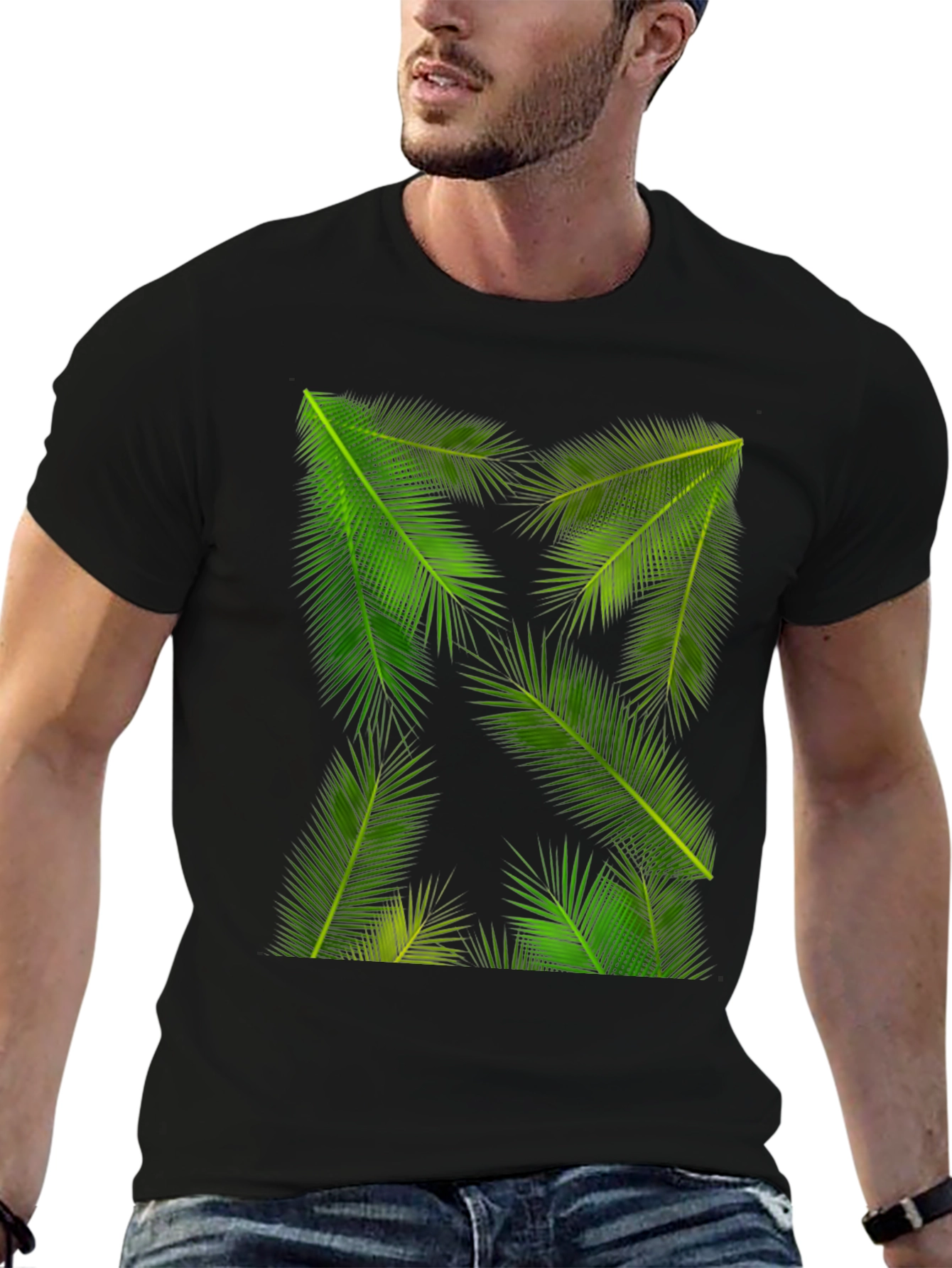 Tropical Palm Leaf Print Black T-Shirt