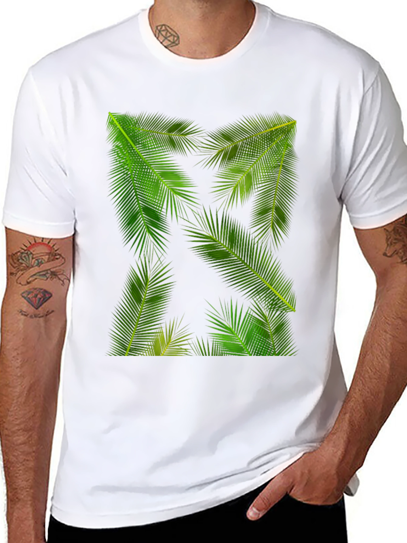 Tropical Palm Leaf Print Black T-Shirt
