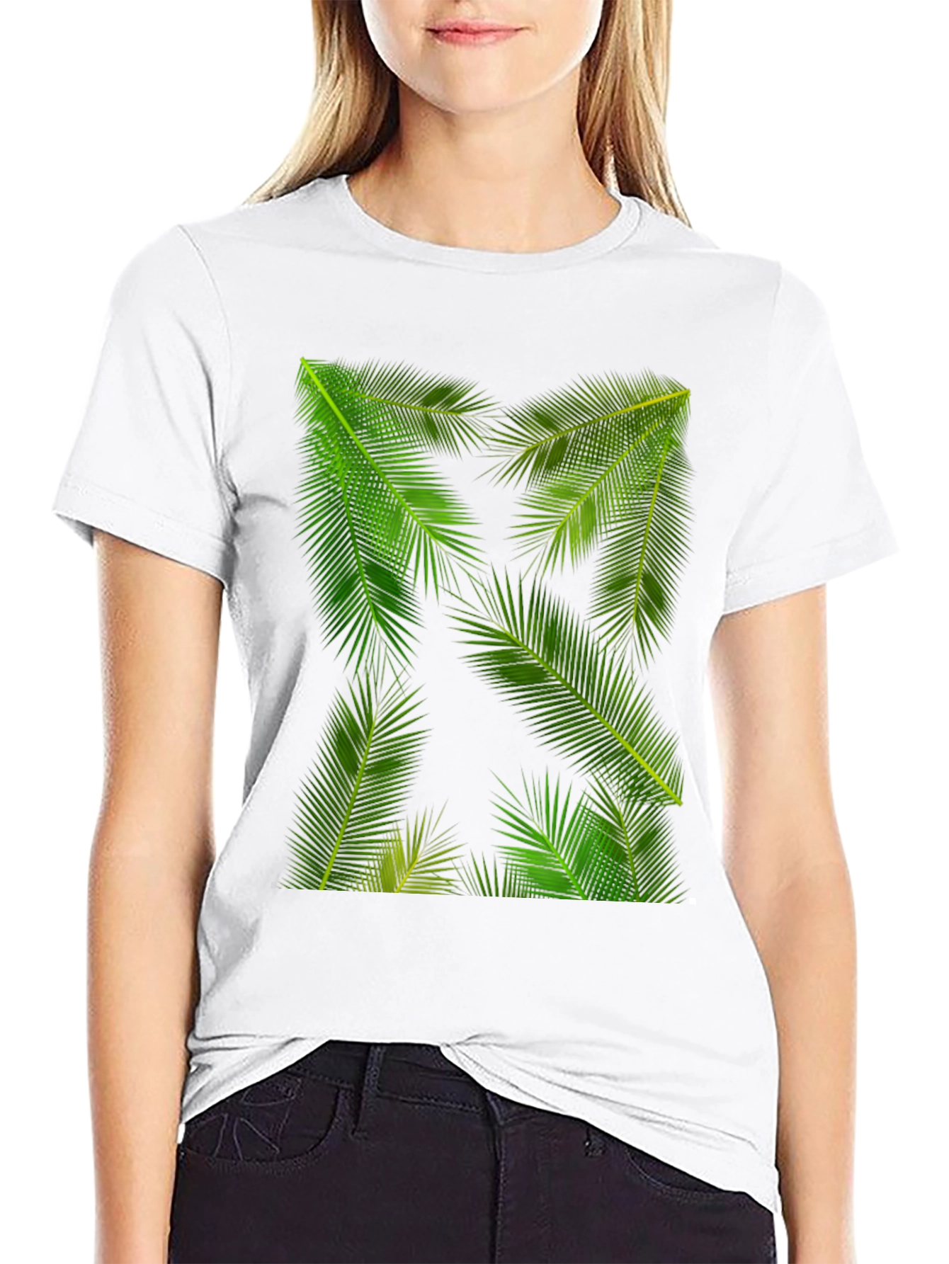 Tropical Palm Leaf Print Black T-Shirt