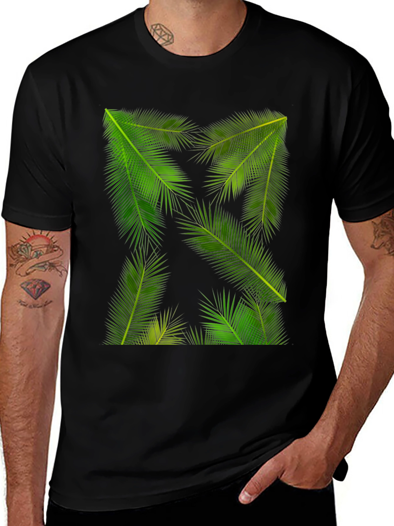 Tropical Palm Leaf Print Black T-Shirt