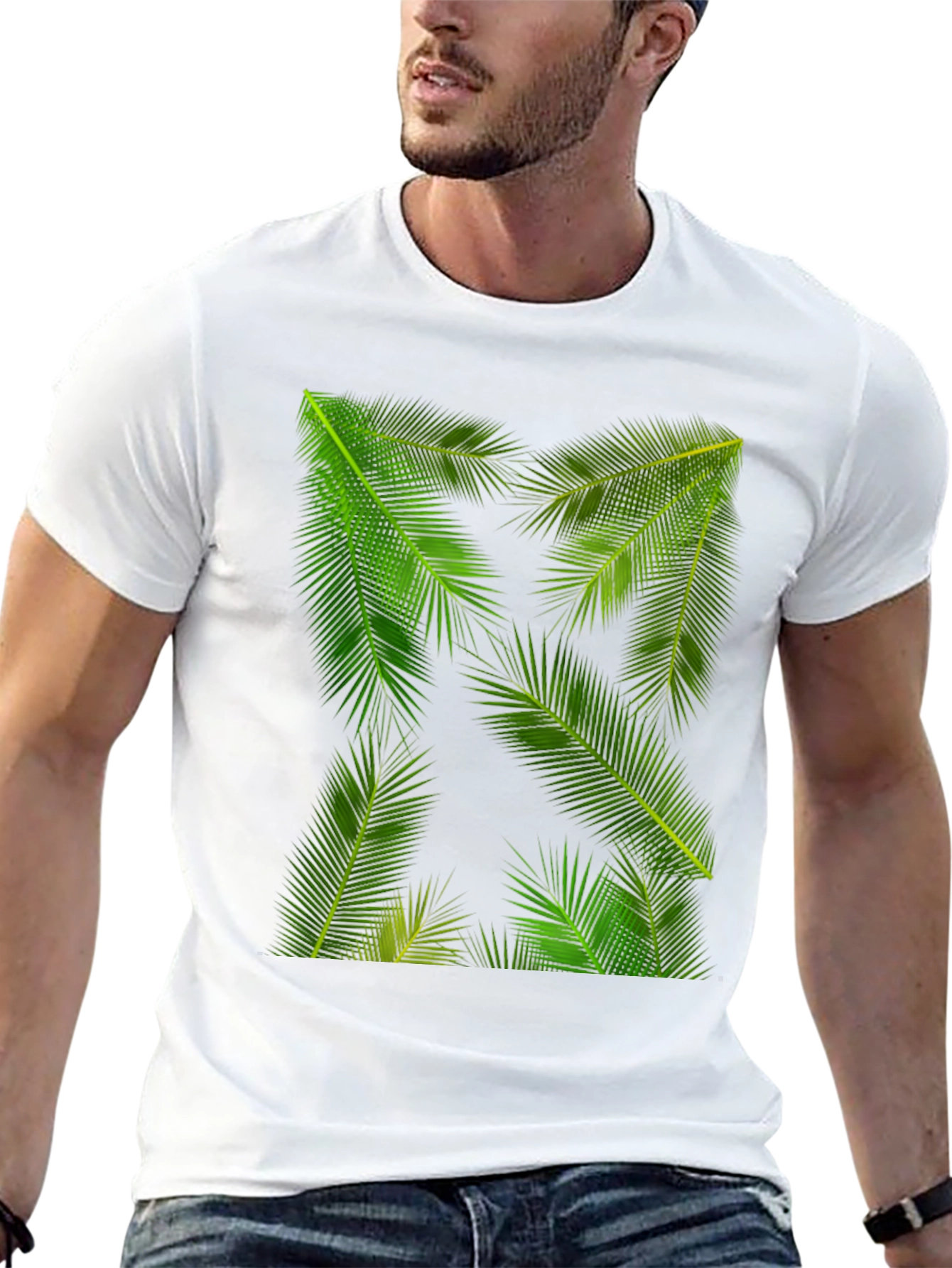 Tropical Palm Leaf Print Black T-Shirt