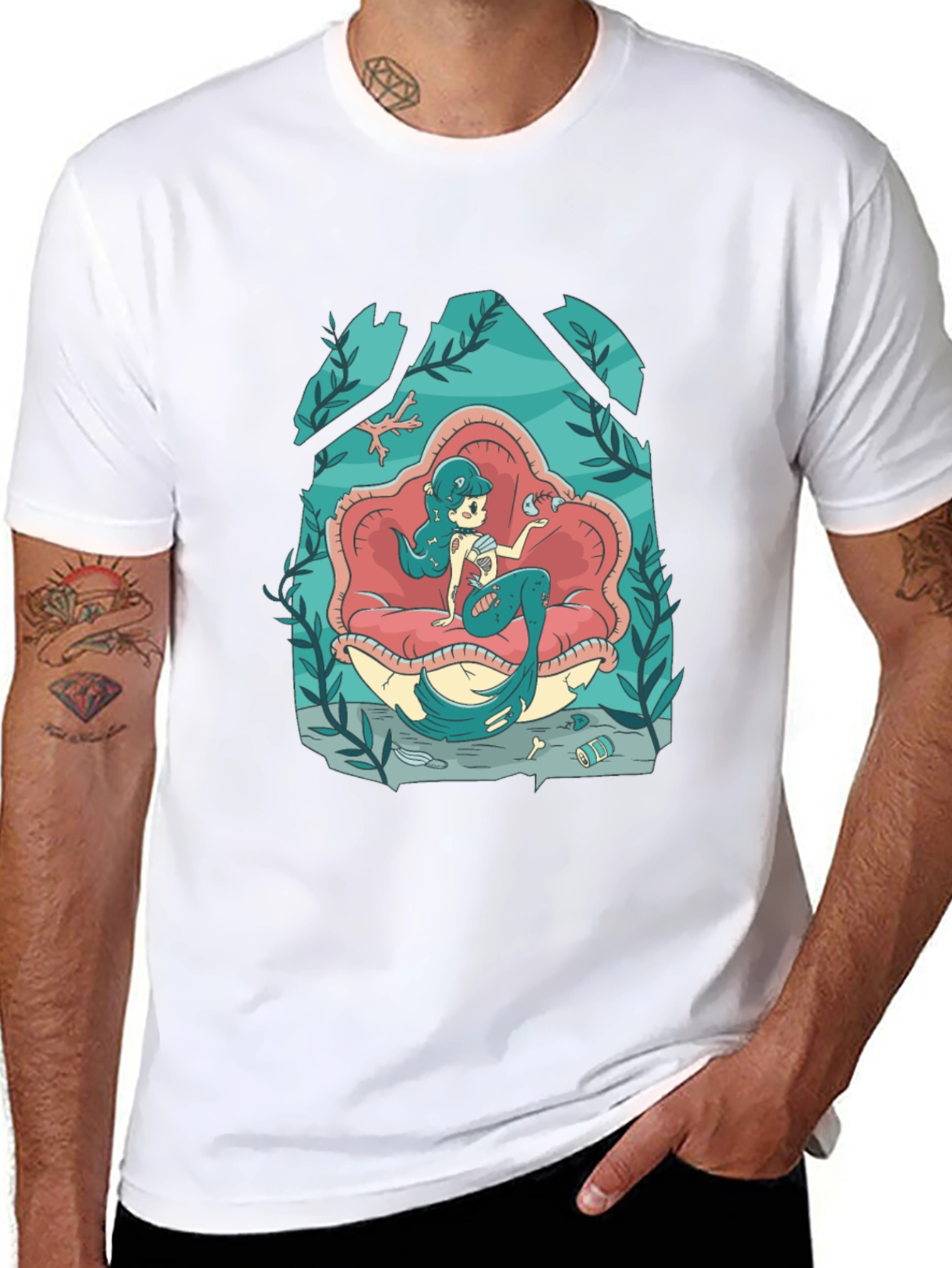 Mermaid on Clam Shell Black T-Shirt