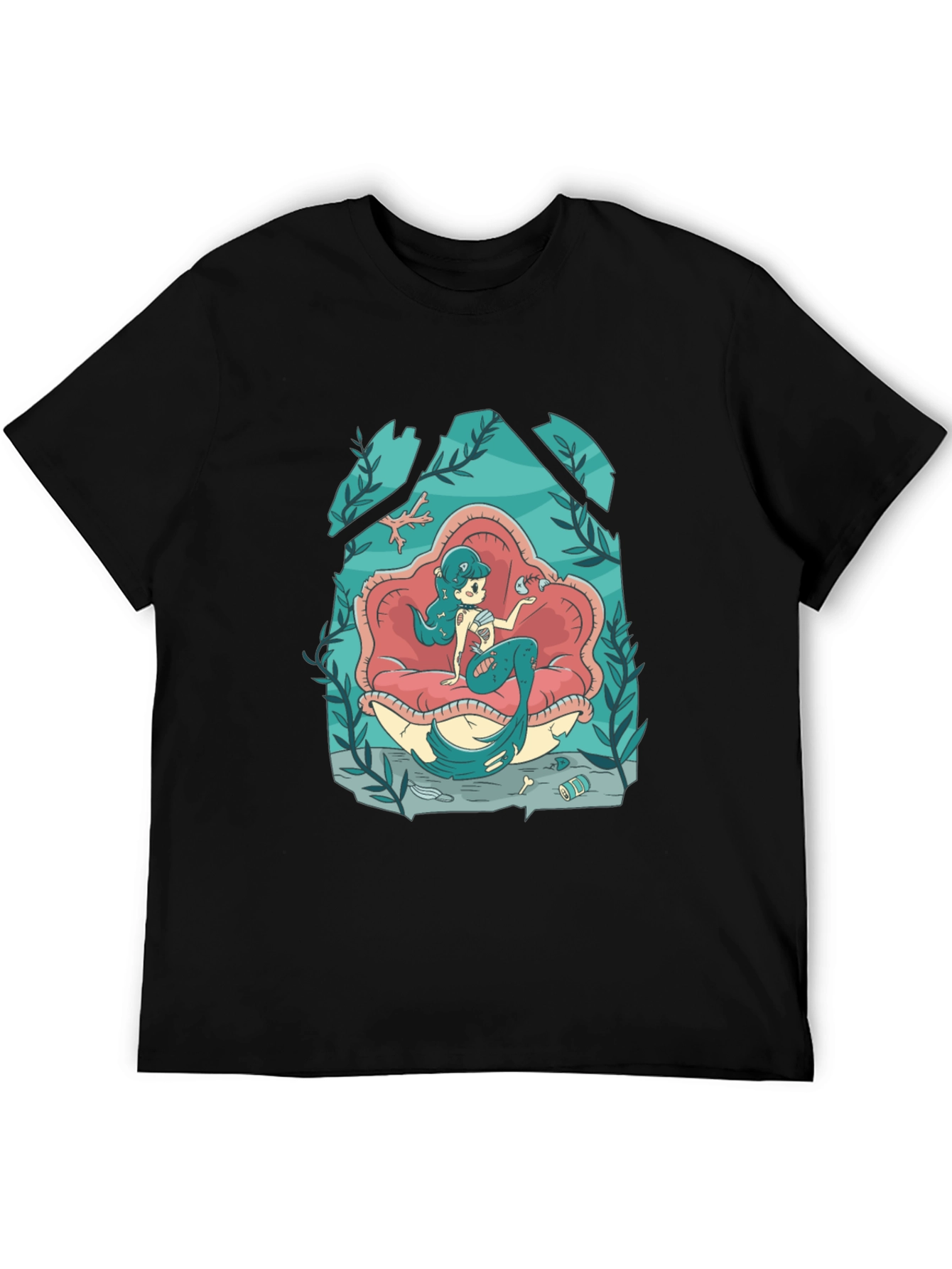 Mermaid on Clam Shell Black T-Shirt