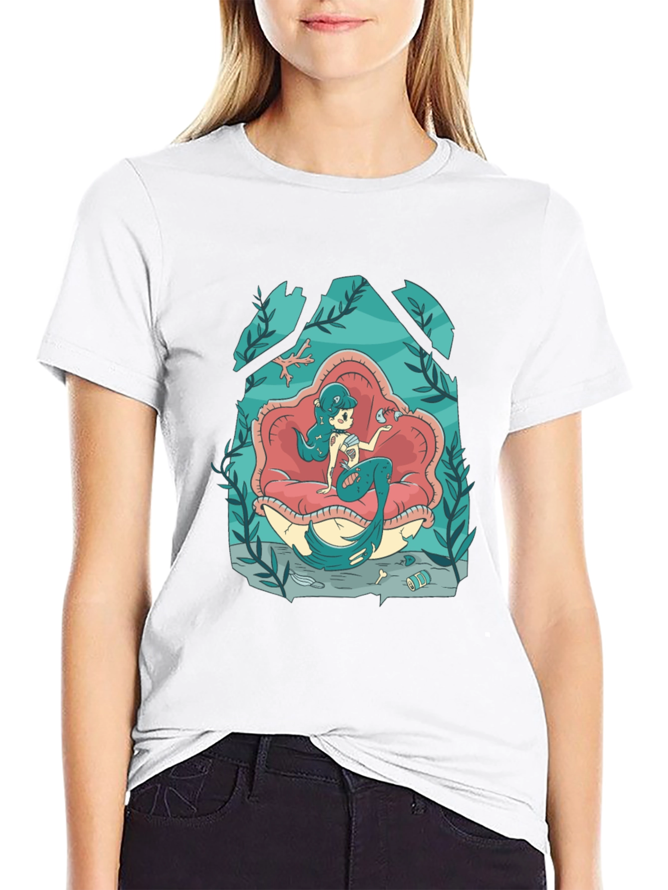 Mermaid on Clam Shell Black T-Shirt