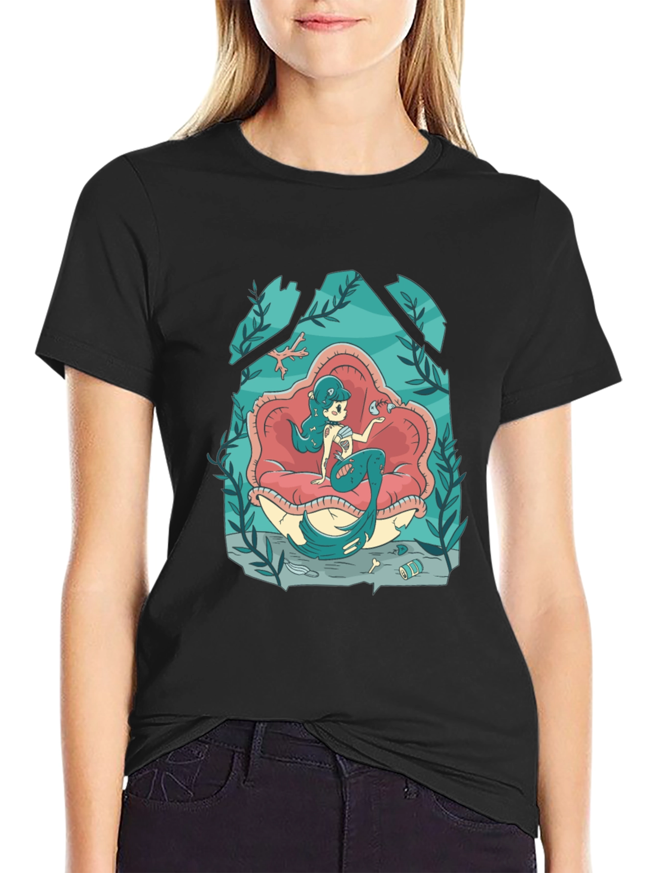 Mermaid on Clam Shell Black T-Shirt