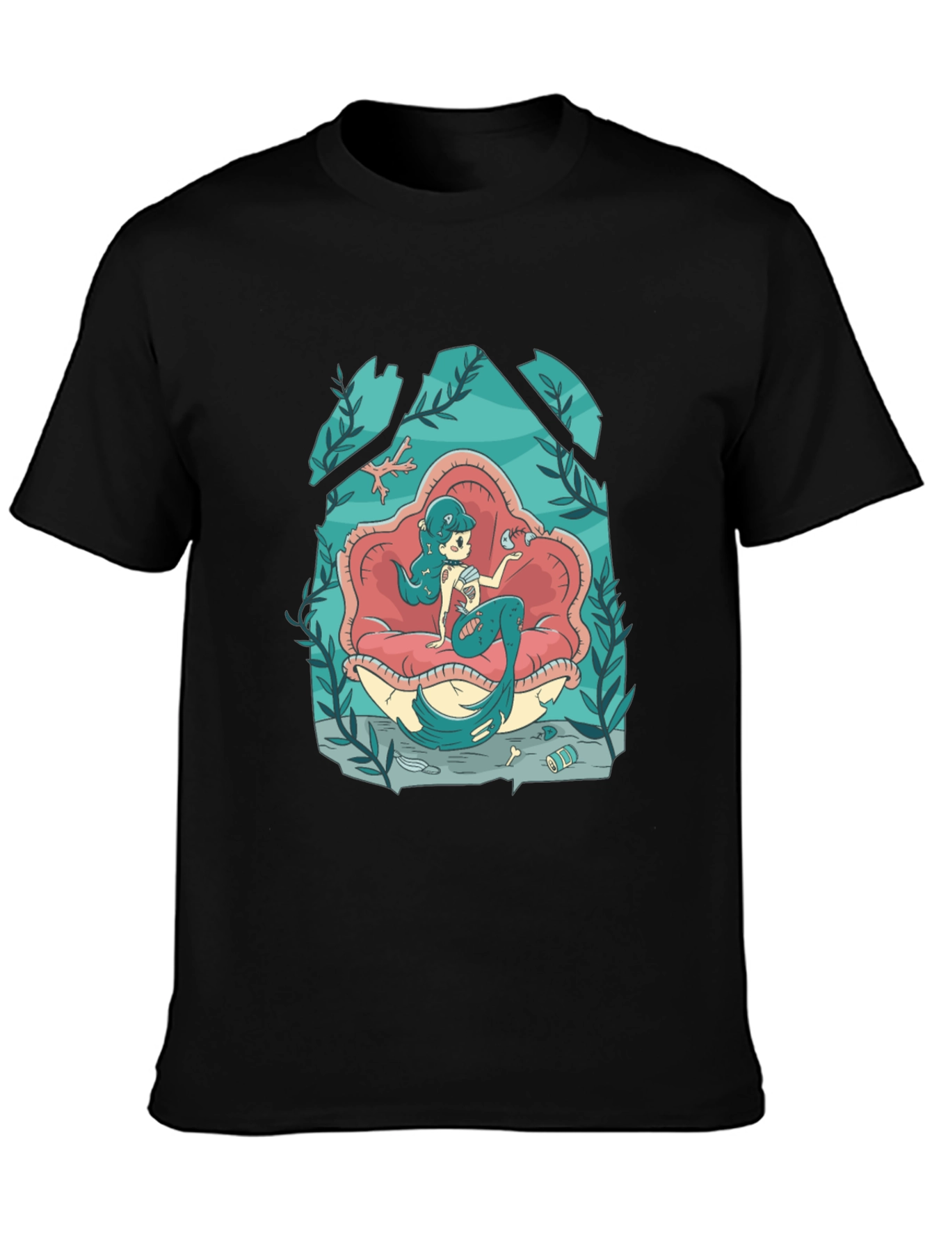 Mermaid on Clam Shell Black T-Shirt