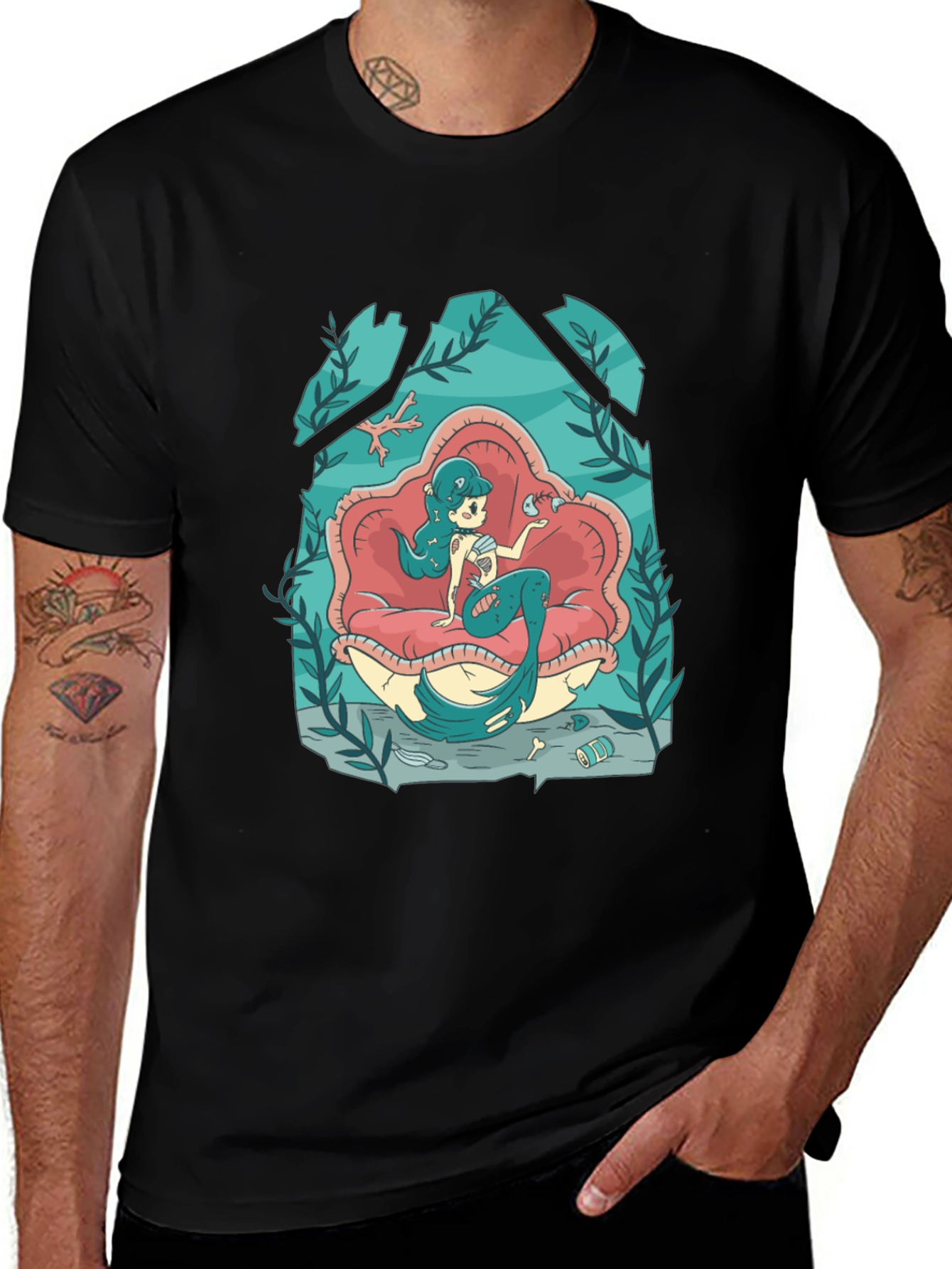Mermaid on Clam Shell Black T-Shirt