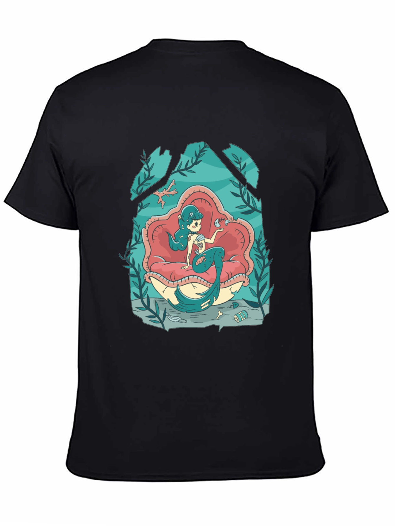 Mermaid on Clam Shell Black T-Shirt