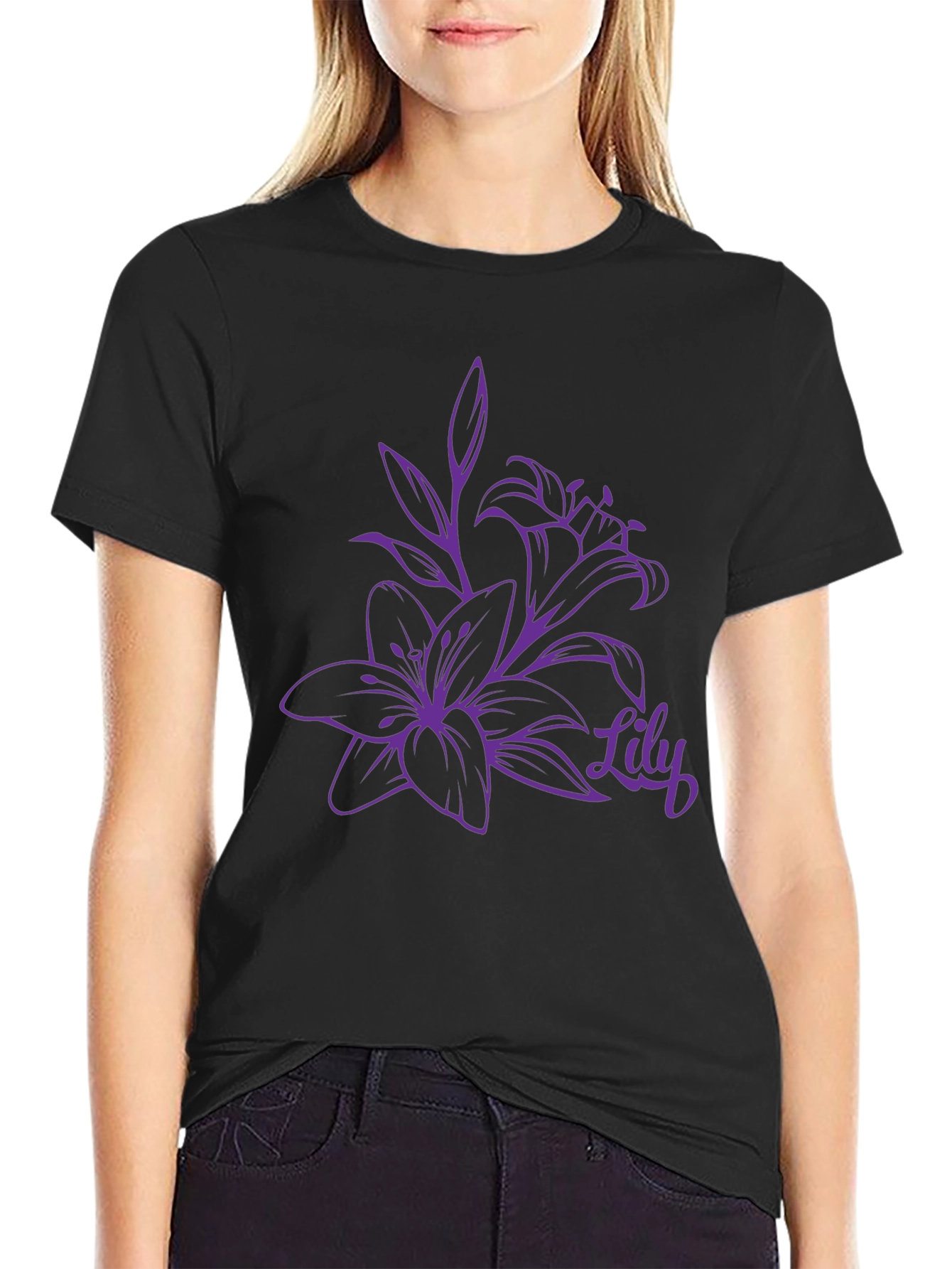 Lily Flower Graphic Black T-Shirt