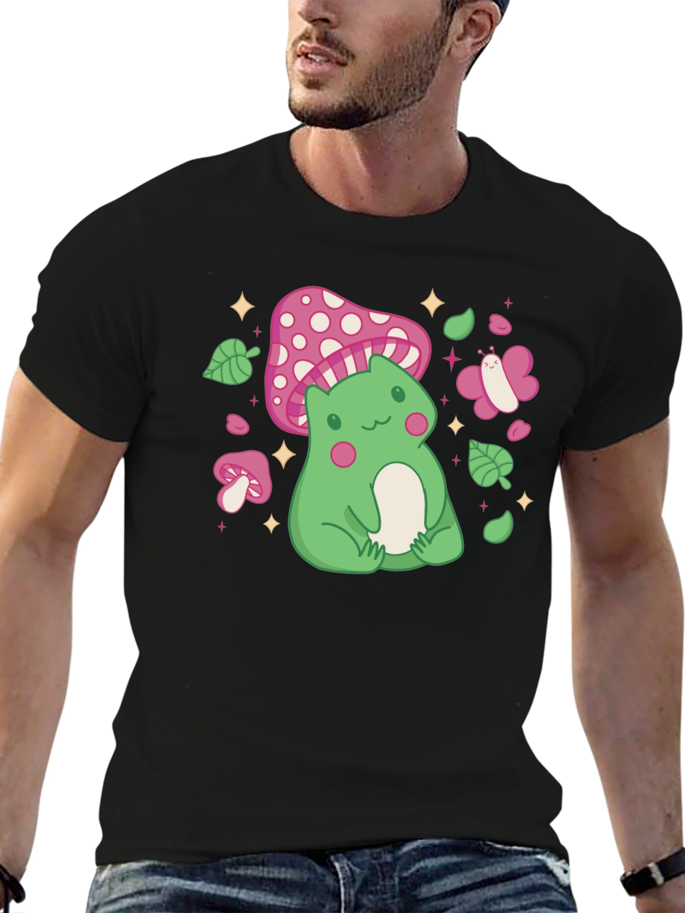 Cute Frog & Mushroom Graphic Tee - Whimsical Style