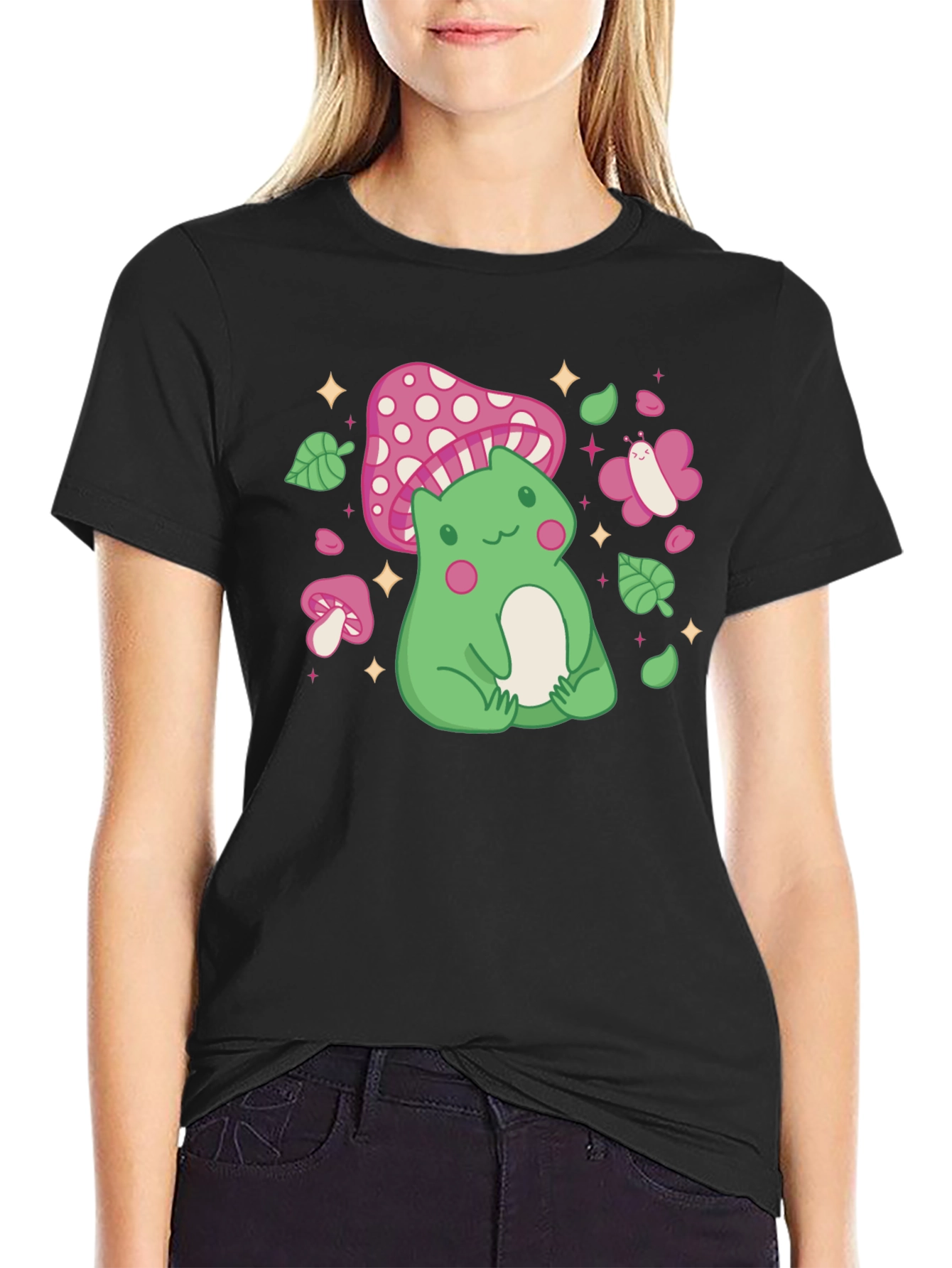 Cute Frog & Mushroom Graphic Tee - Whimsical Style