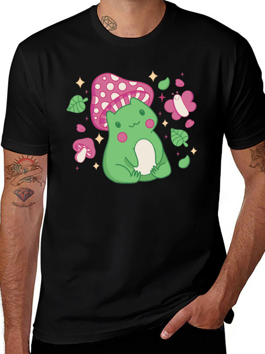 Cute Frog & Mushroom Graphic Tee - Whimsical Style