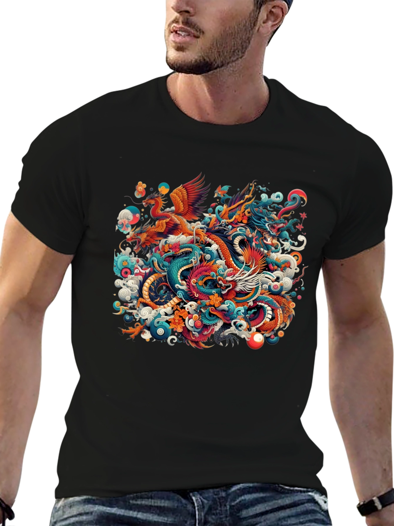 Phoenix and Dragon Graphic Black T-Shirt