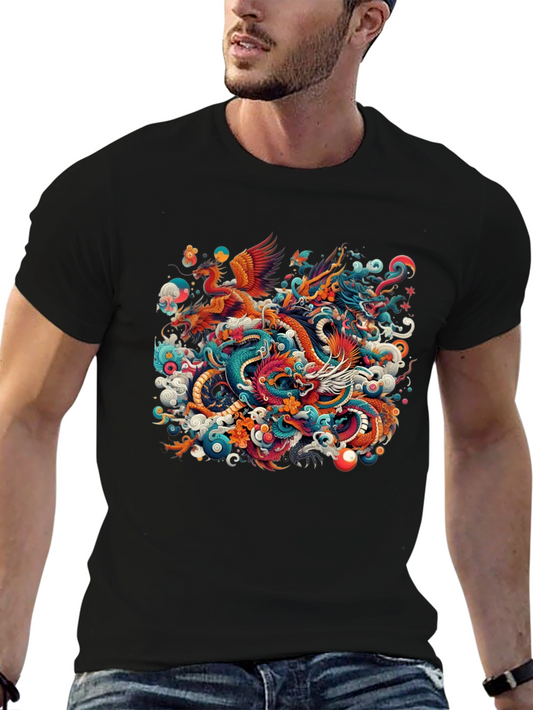 Phoenix and Dragon Graphic Black T-Shirt