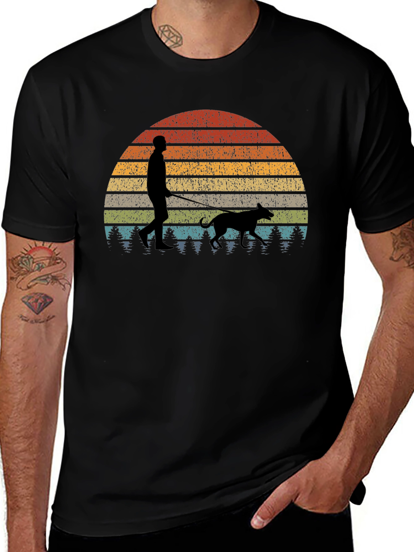 Retro Sunset Dog Walk T-Shirt
