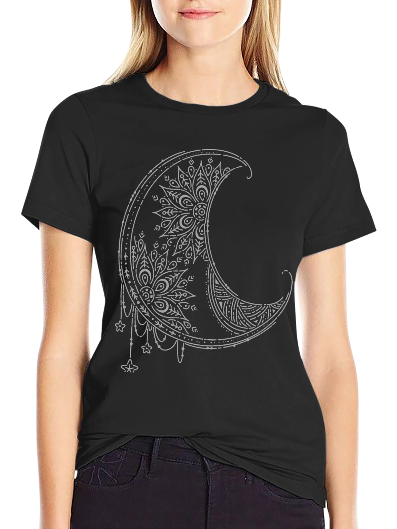 Boho Moon Graphic Tee - Stylish Black T-Shirt