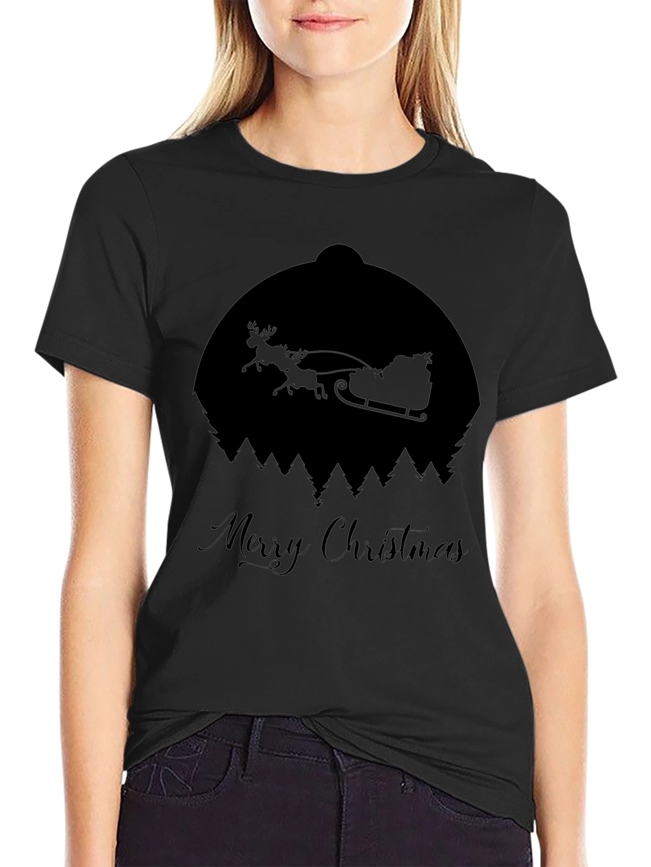 Merry Christmas Santa Sleigh Silhouette Black T-Shirt