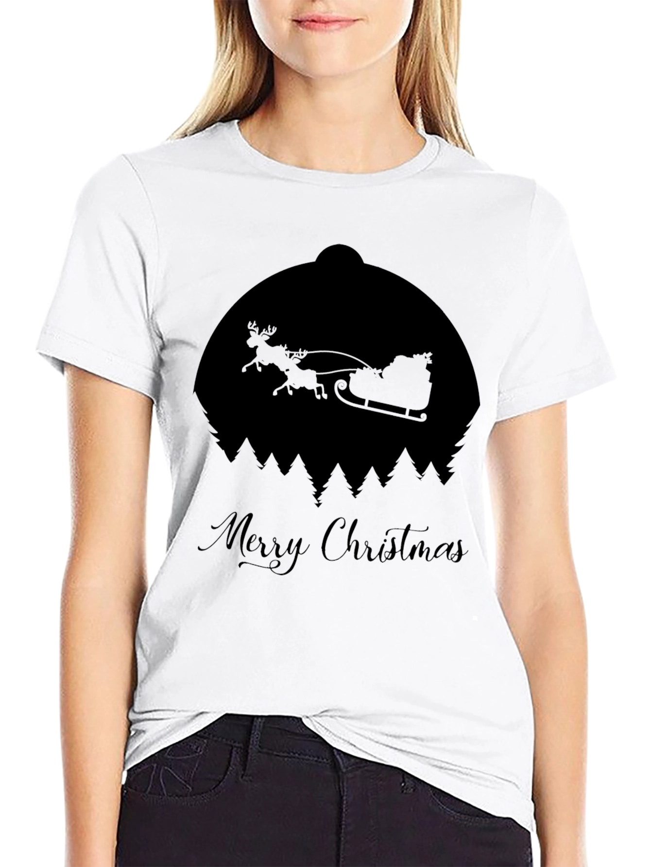 Merry Christmas Santa Sleigh Silhouette Black T-Shirt