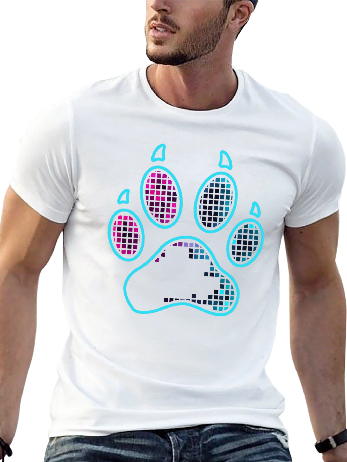 Neon Paw Print Graphic T-Shirt - Casual Style