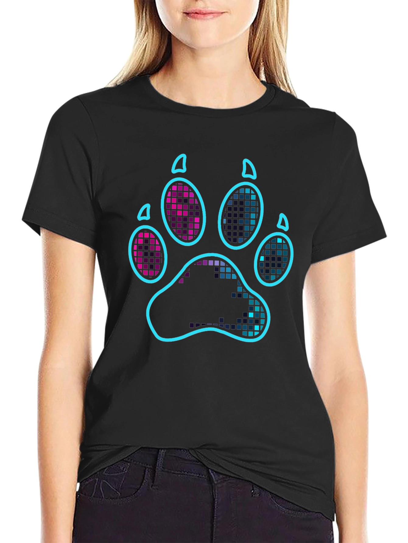 Neon Paw Print Graphic T-Shirt - Casual Style