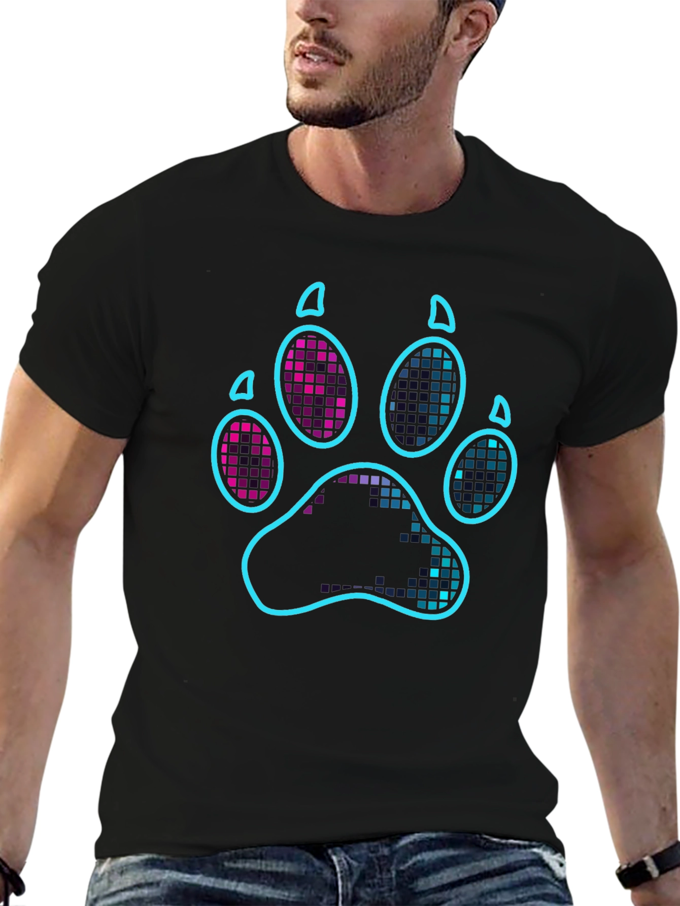 Neon Paw Print Graphic T-Shirt - Casual Style