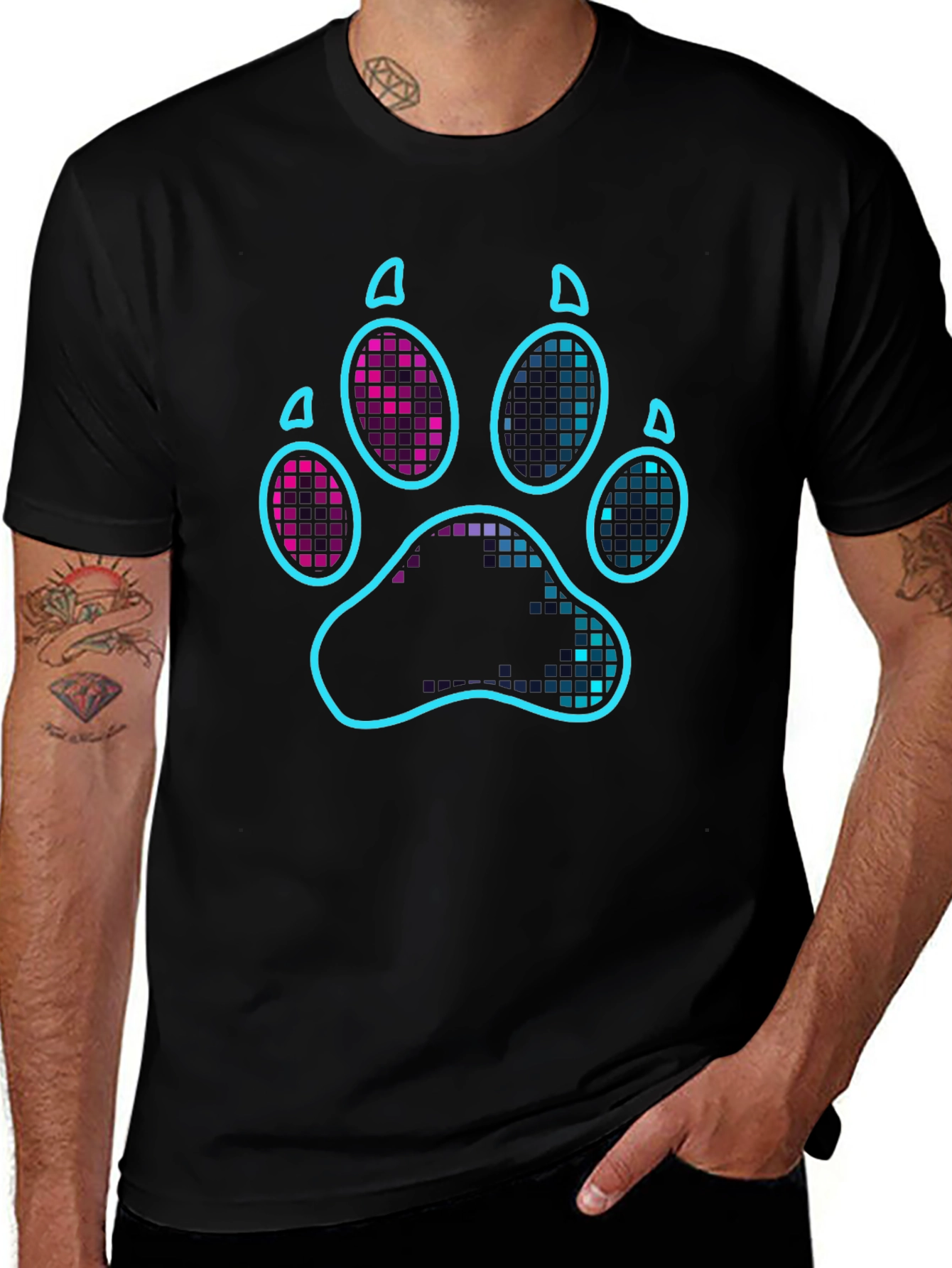 Neon Paw Print Graphic T-Shirt - Casual Style