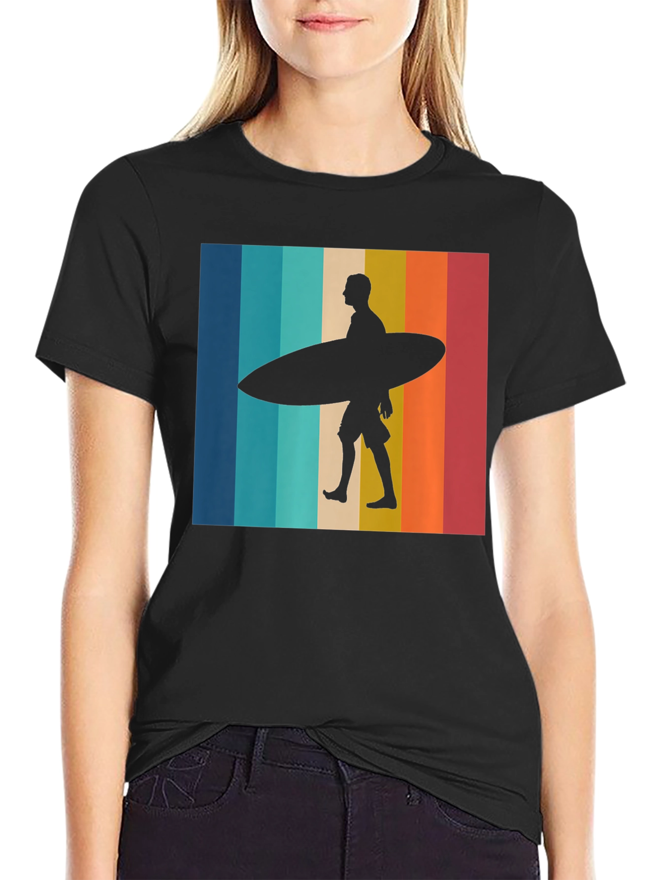 Retro Surfer Graphic Tee - Black Cotton T-Shirt