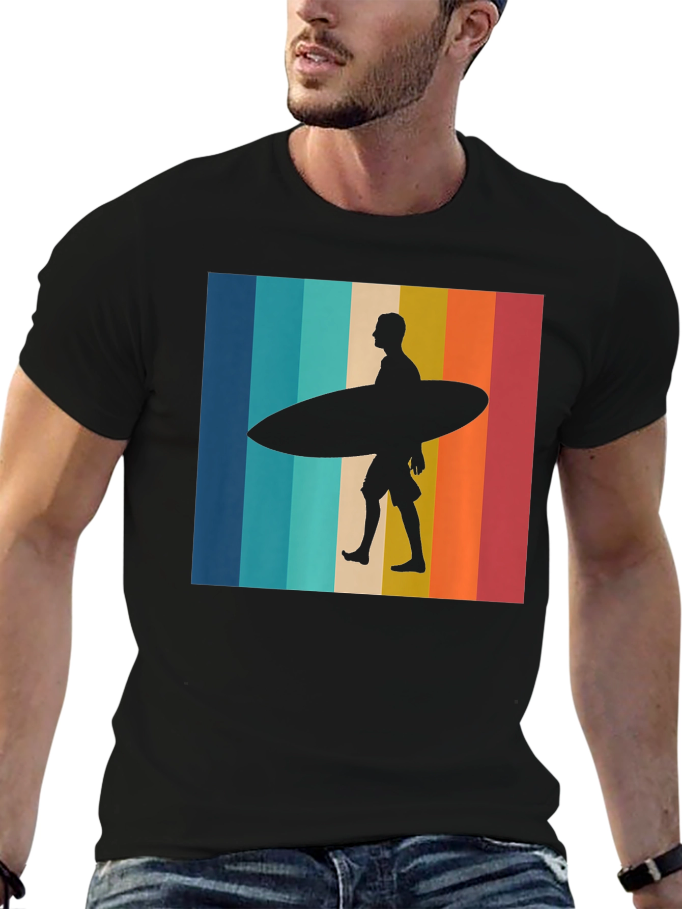 Retro Surfer Graphic Tee - Black Cotton T-Shirt