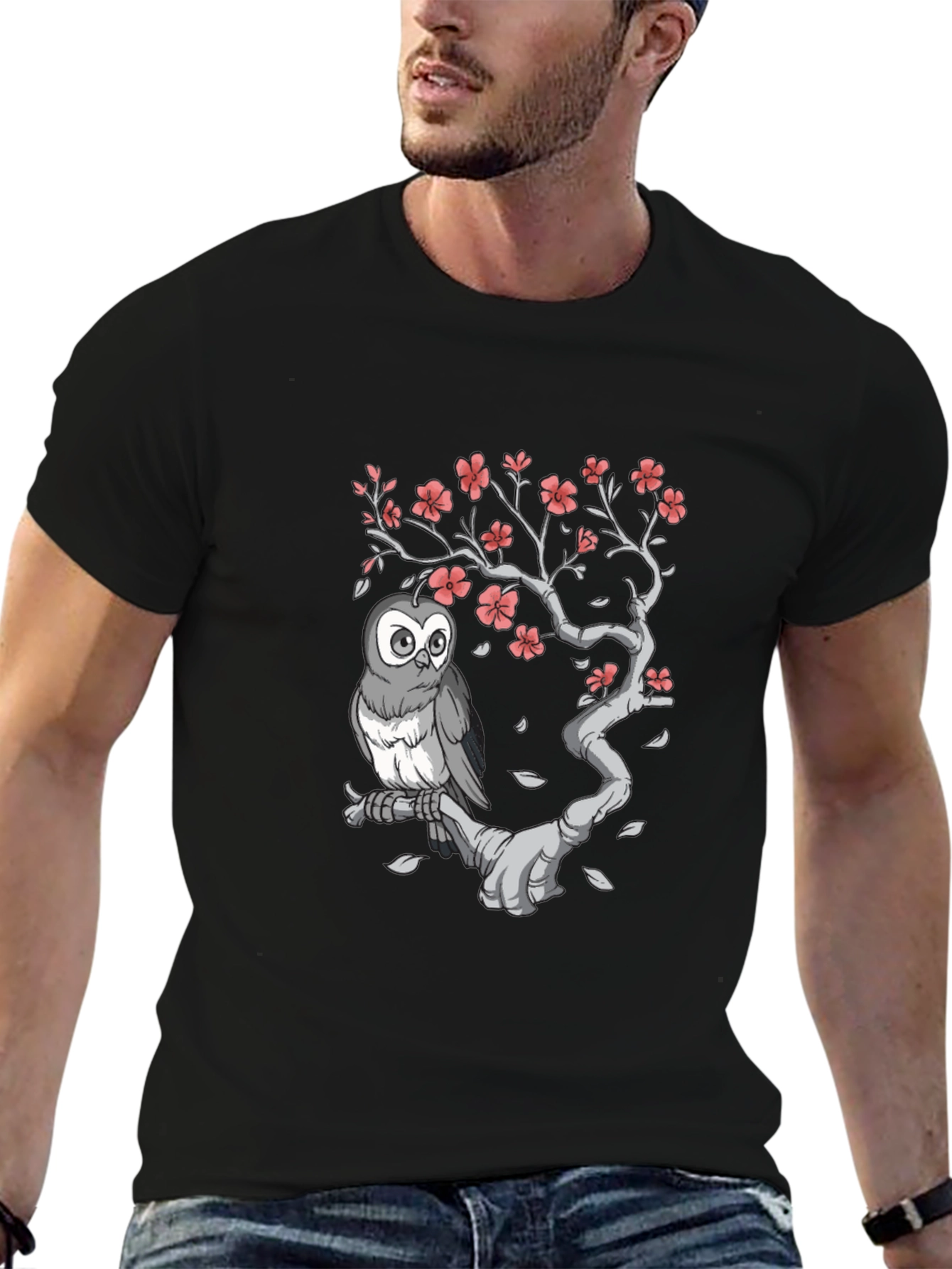 Owl on Branch Graphic Tee - Black