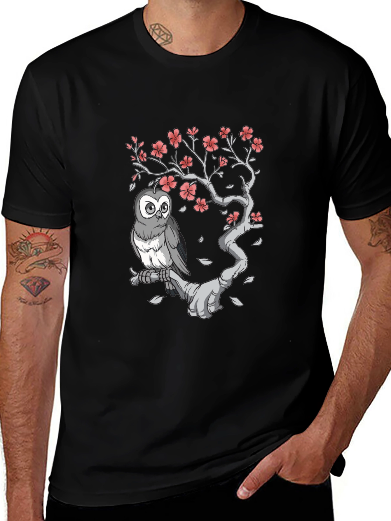 Owl on Branch Graphic Tee - Black